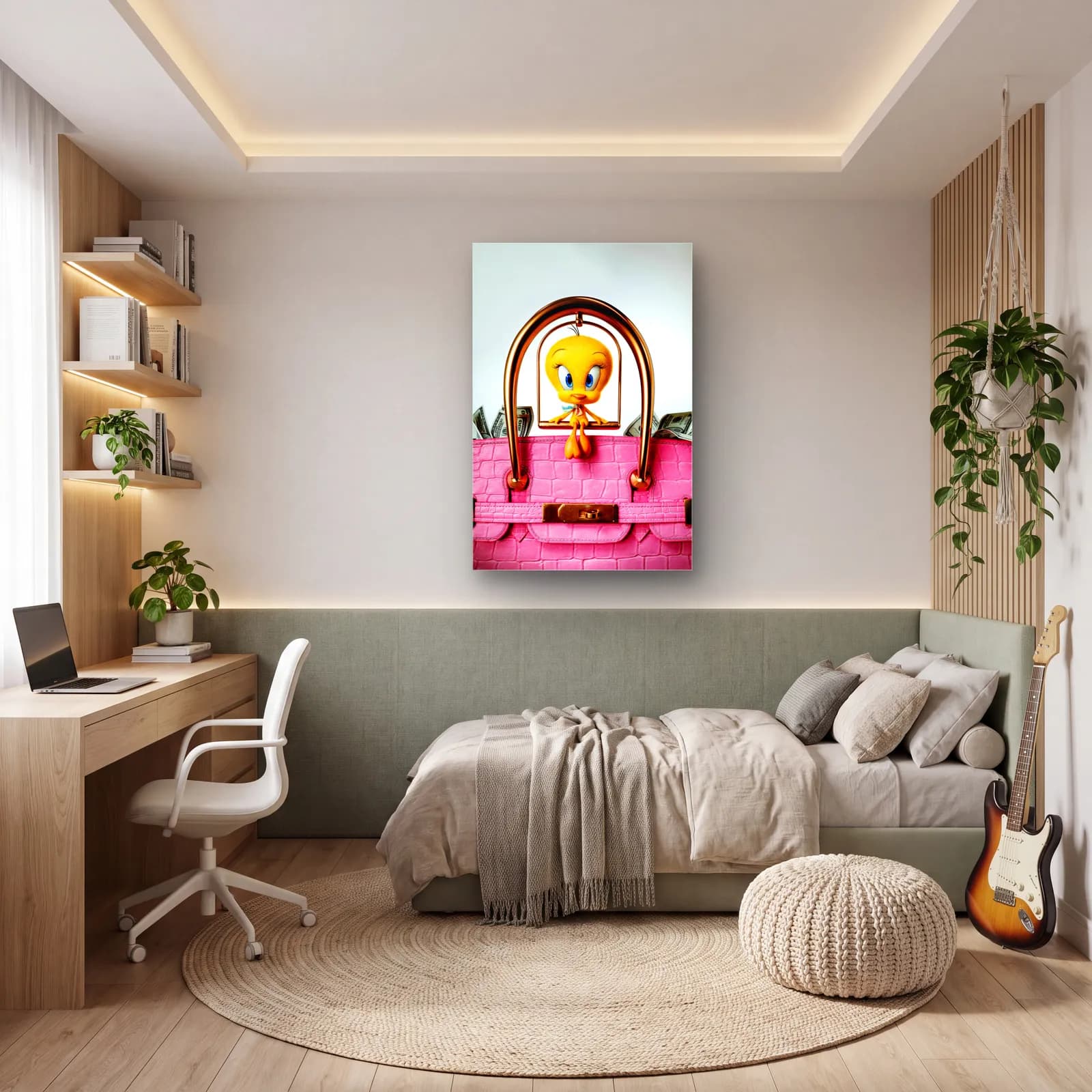 Pembe Birkin Çantada Tweety cam tablo — genç odasında