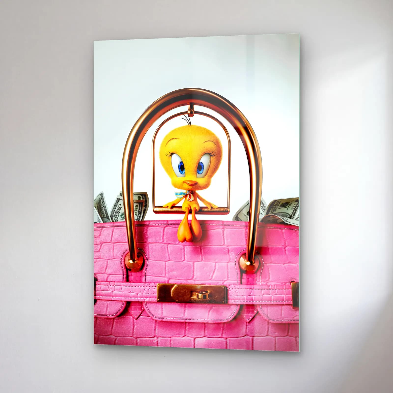 Pembe Birkin Çantada Tweety cam tablo — sağ açıdan görünüm