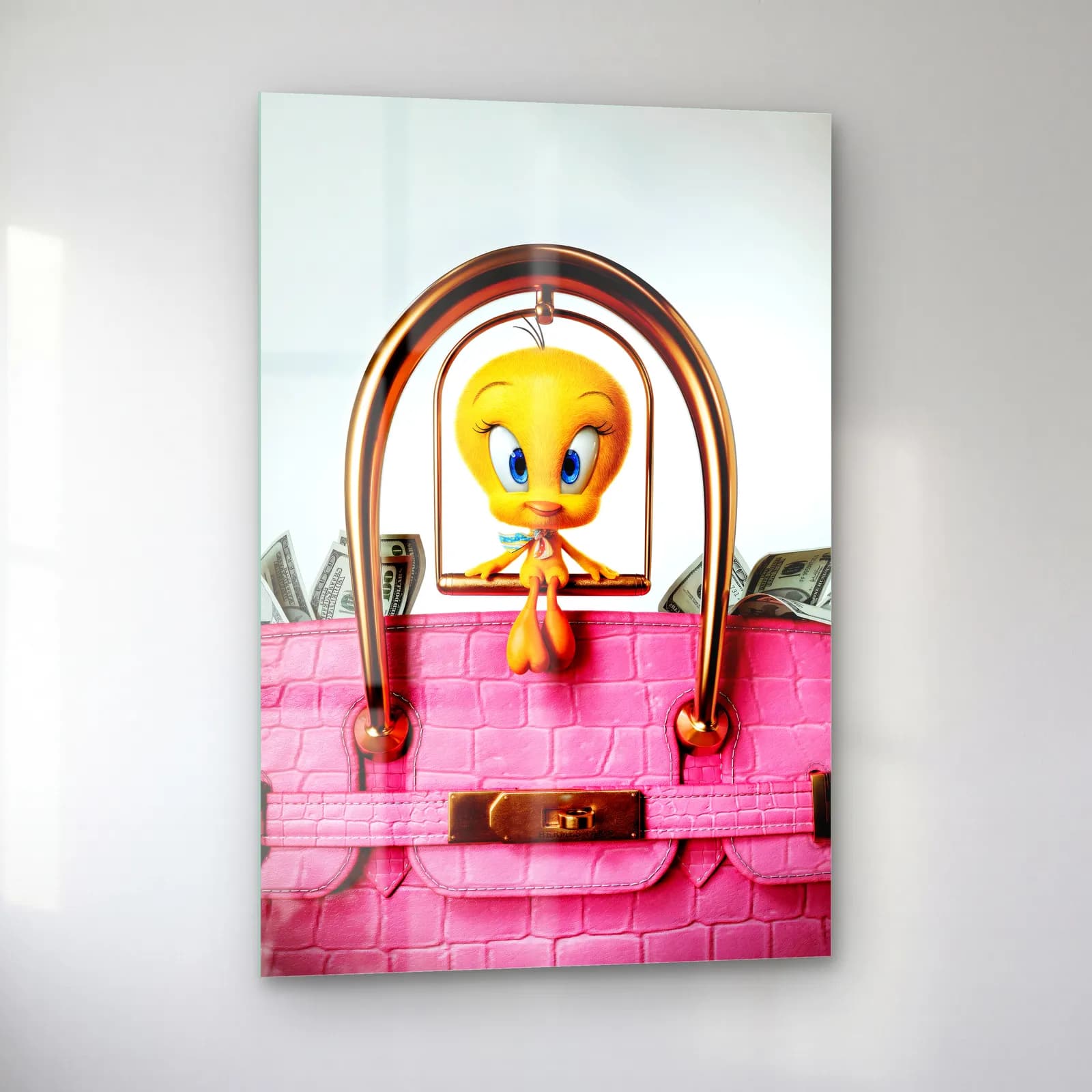 Pembe Birkin Çantada Tweety cam tablo — sol açıdan görünüm