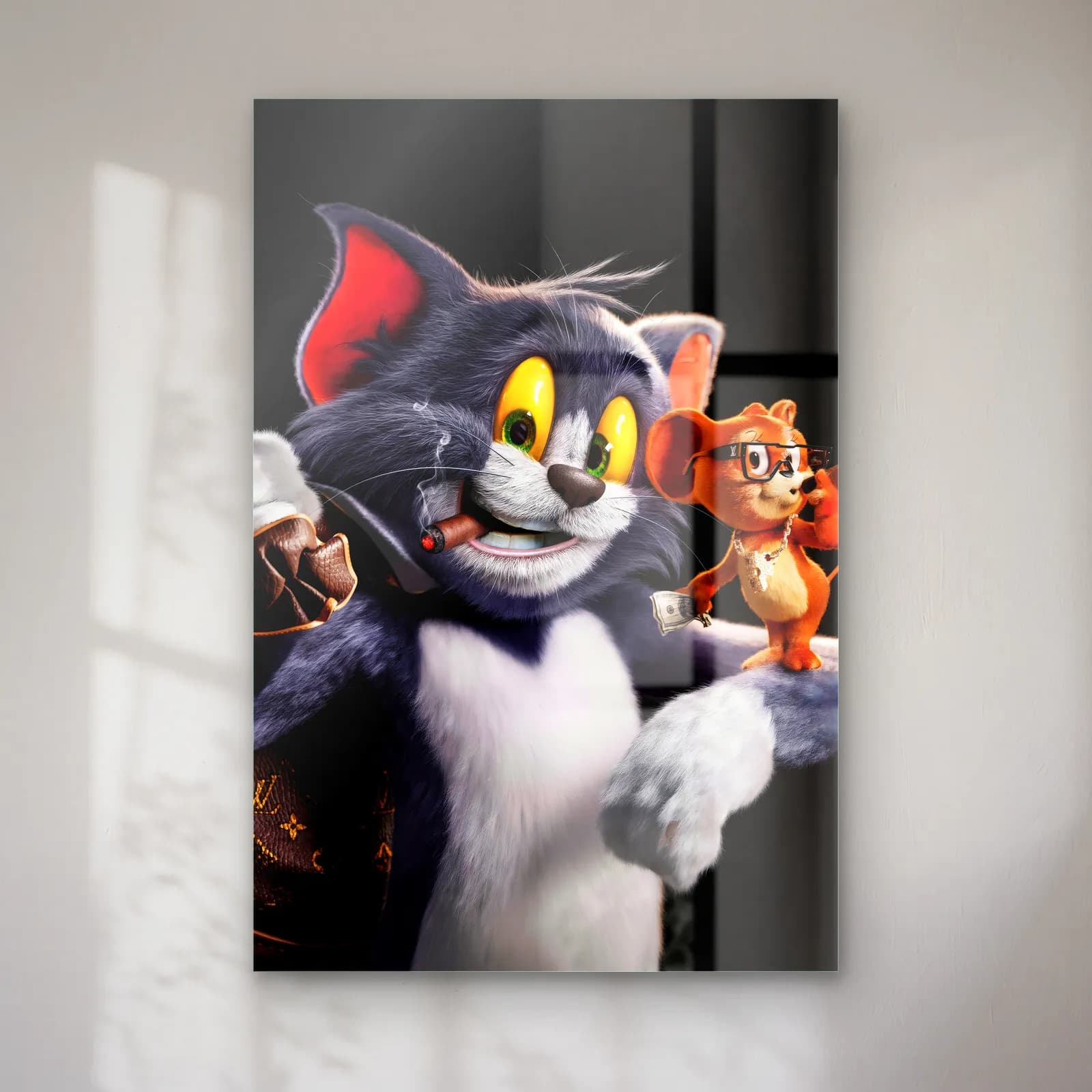 Purolu 3D Tom ve Gözlüklü Jerry cam tablo — Puro içen gri 3D Tom ve omzunda duran gözlüklü Jerry