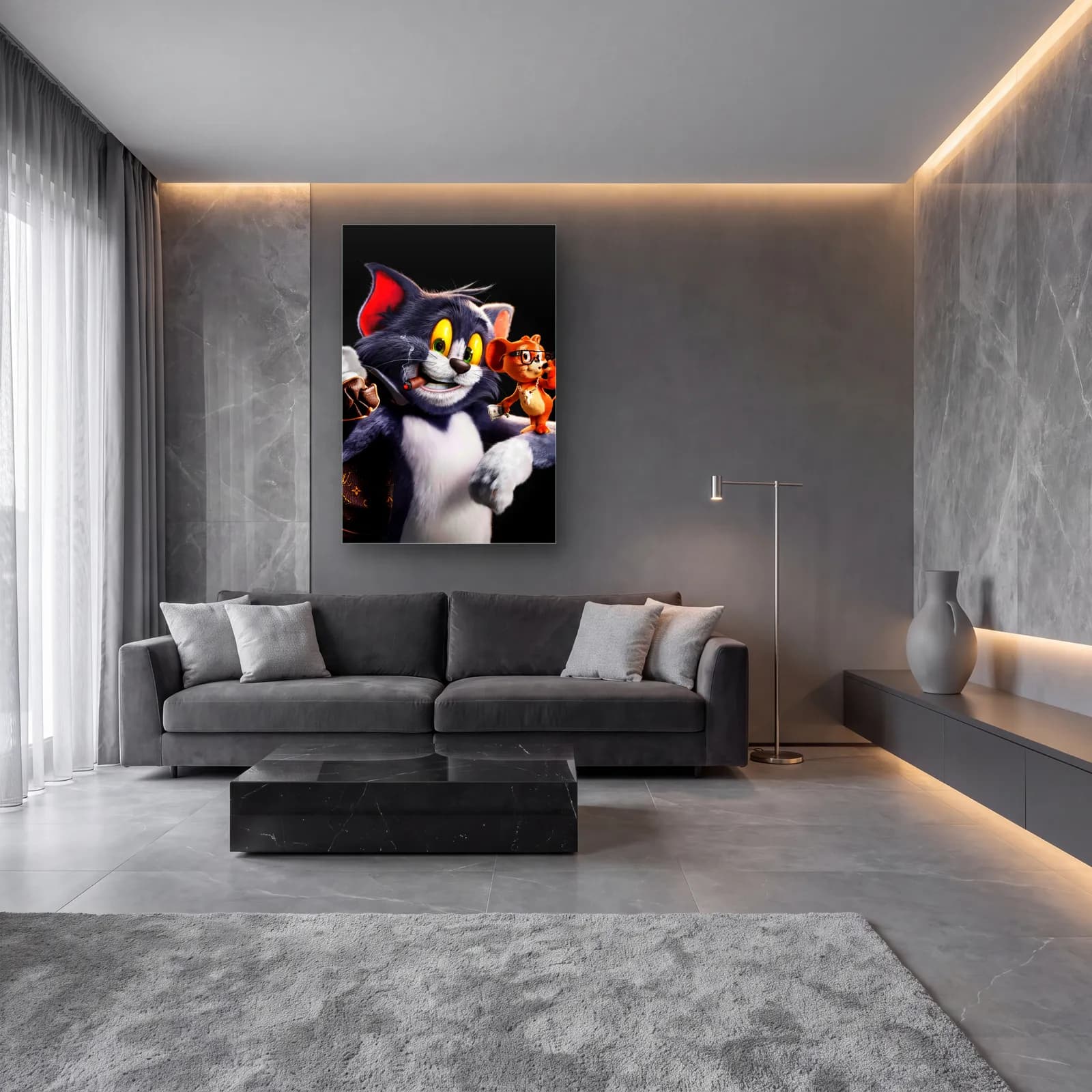 Purolu 3D Tom ve Gözlüklü Jerry cam tablo — lüks salon duvarında