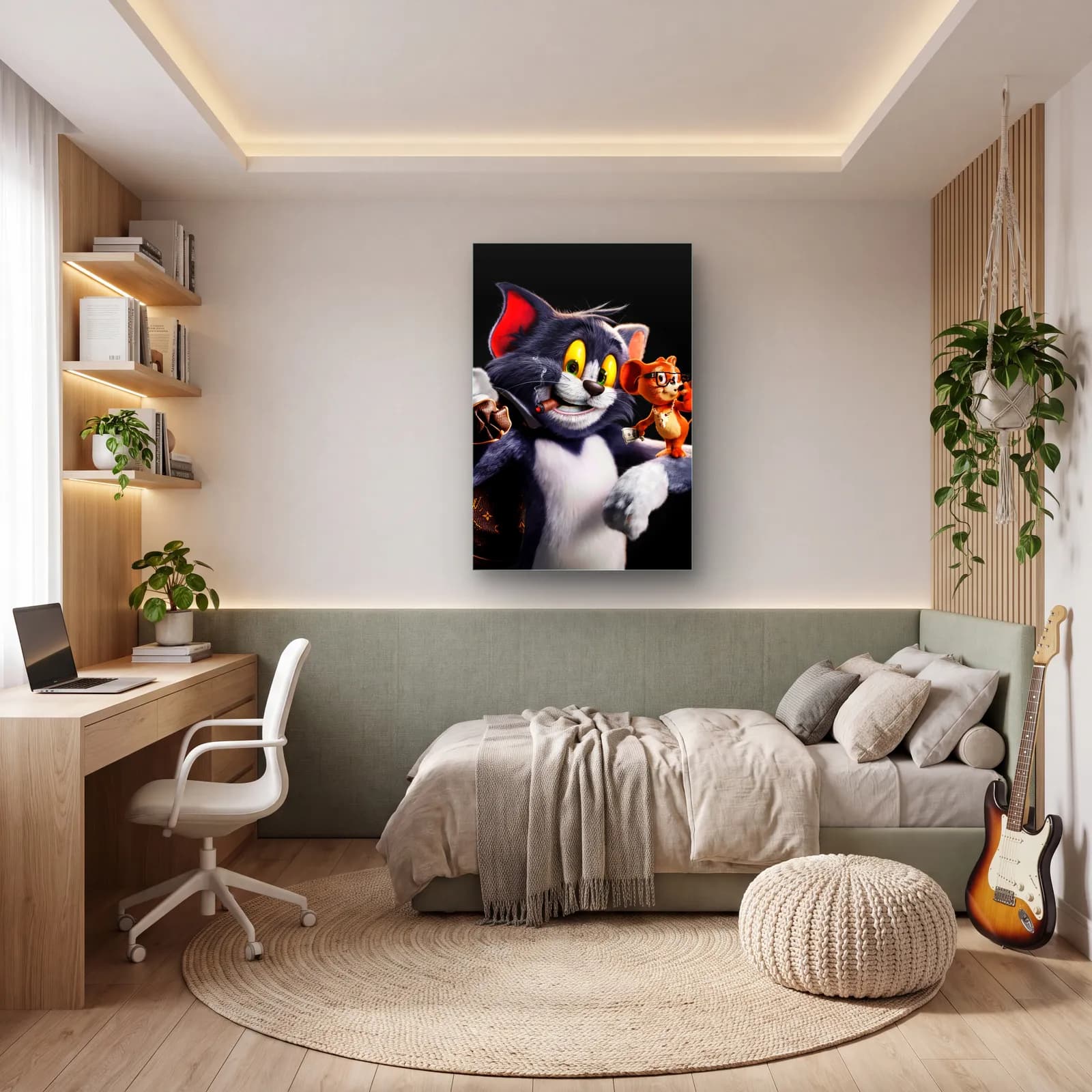 Purolu 3D Tom ve Gözlüklü Jerry cam tablo — genç odasında