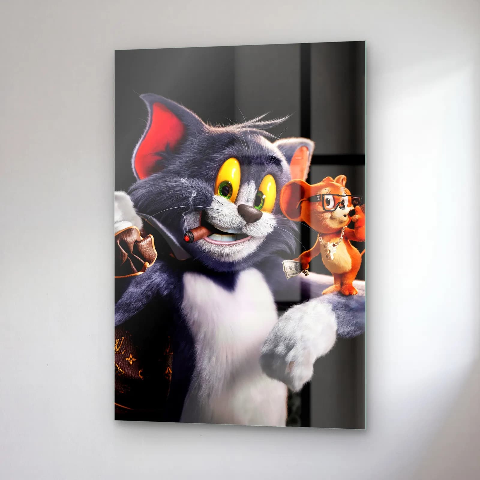 Purolu 3D Tom ve Gözlüklü Jerry cam tablo — sağ açıdan görünüm