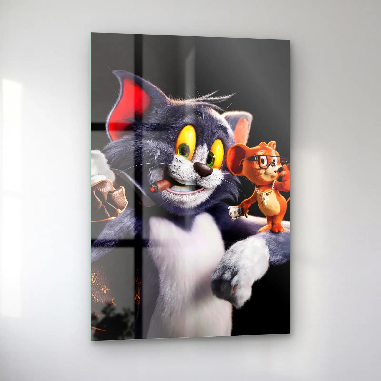 Purolu 3D Tom ve Gözlüklü Jerry cam tablo — sol açıdan görünüm