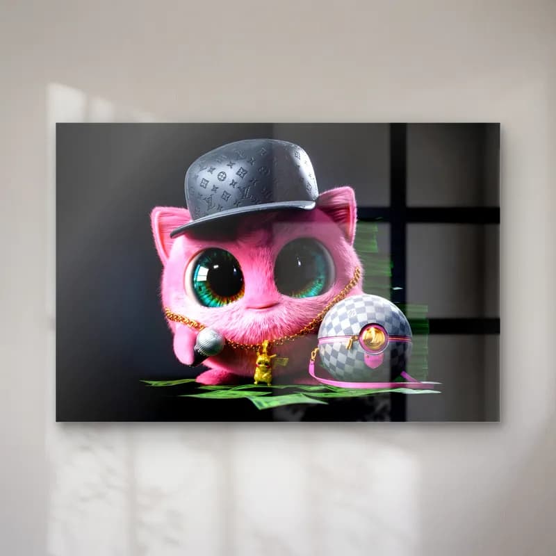 Louis Vuitton Şapkalı Jigglypuff cam tablo — Desenli şapkalı ve altın zincirli pembe 3D Jigglypuff, yanında pokeball