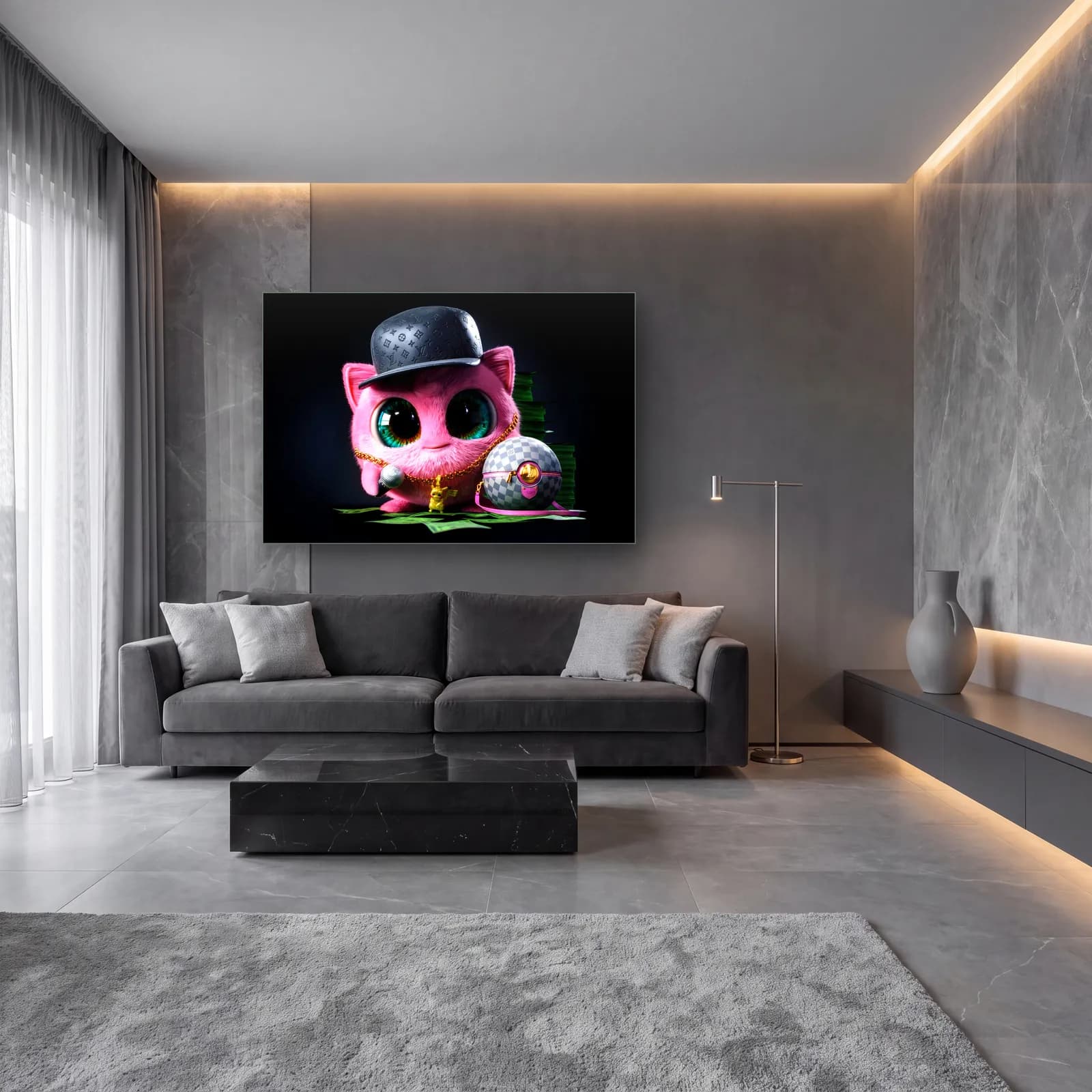 Louis Vuitton Şapkalı Jigglypuff cam tablo — lüks salon duvarında