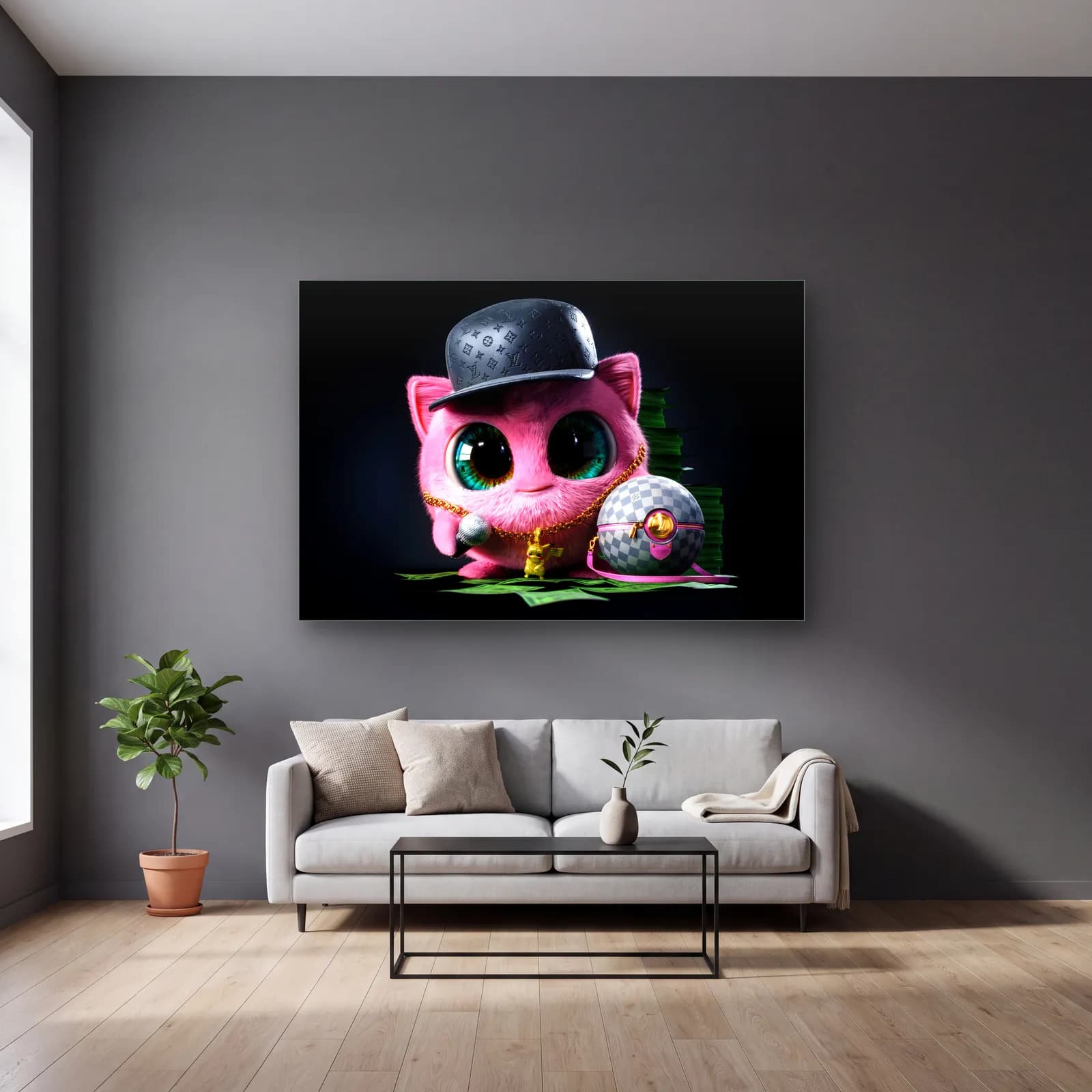 Louis Vuitton Şapkalı Jigglypuff cam tablo — gri duvarlı salonda