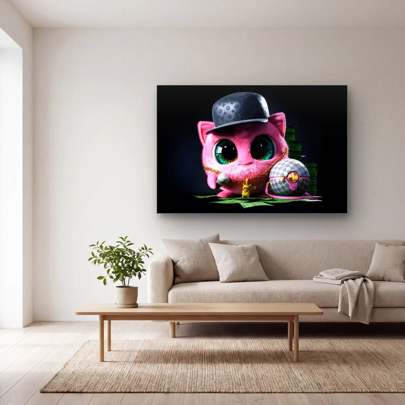 Louis Vuitton Şapkalı Jigglypuff cam tablo — açık renk salonda