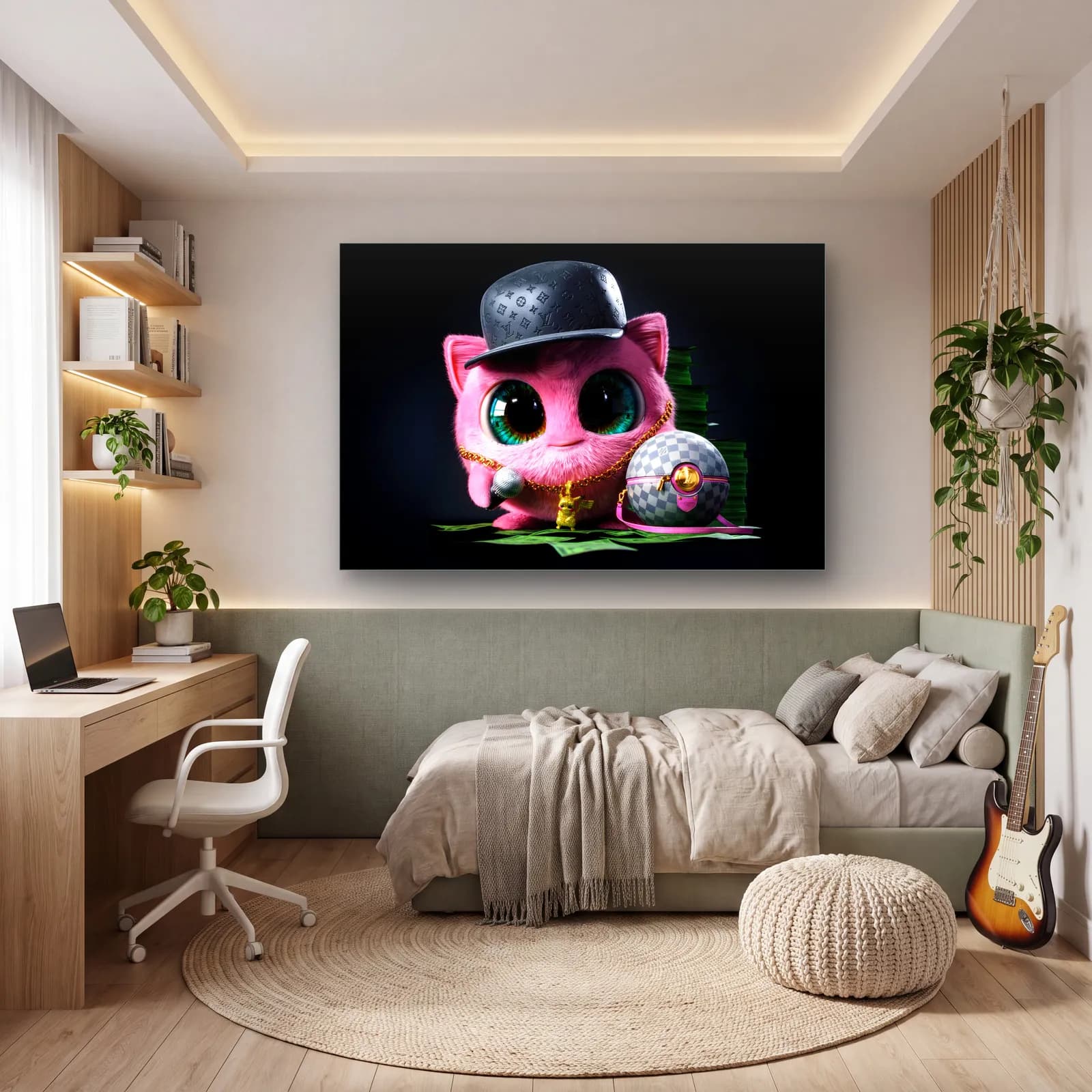 Louis Vuitton Şapkalı Jigglypuff cam tablo — genç odasında