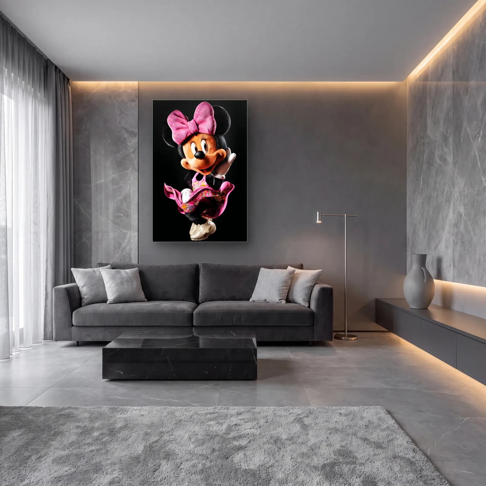 Pembe Fiyonklu 3D Minnie Mouse cam tablo — lüks salon duvarında