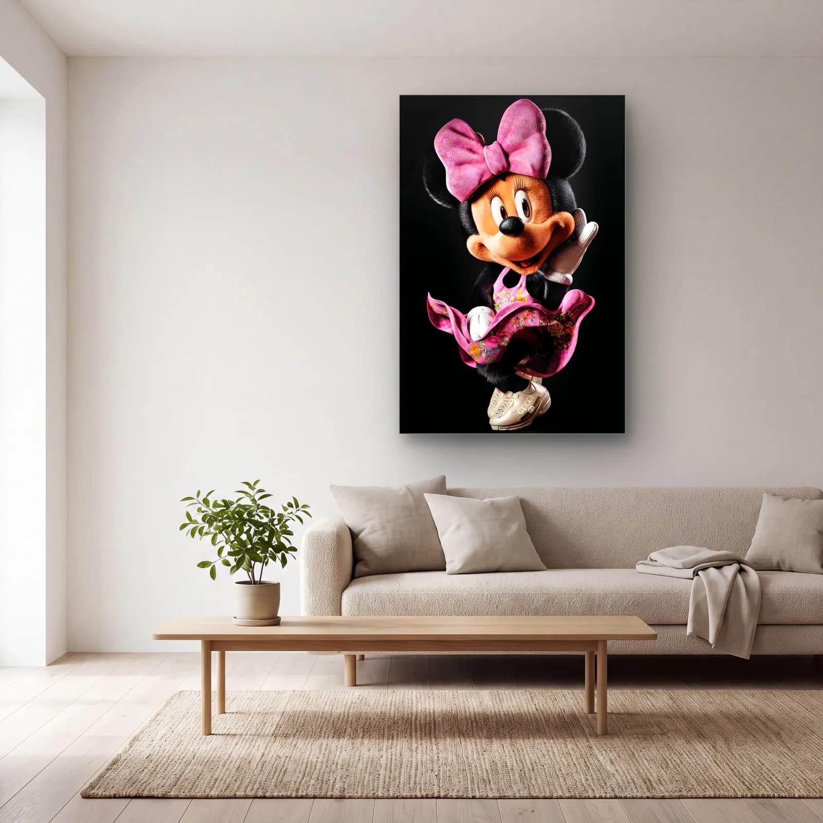Pembe Fiyonklu 3D Minnie Mouse cam tablo — açık renk salonda