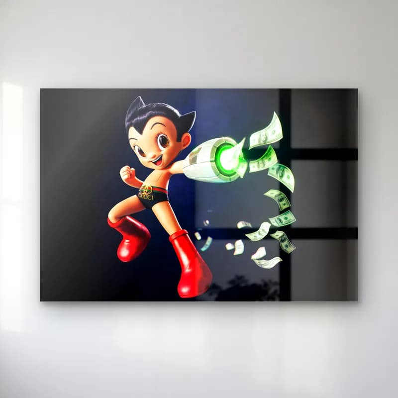 Dolar Fırlatan 3D Astro Boy cam tablo — Kolundan dolarlar fırlatan kırmızı botlu 3D Astro Boy