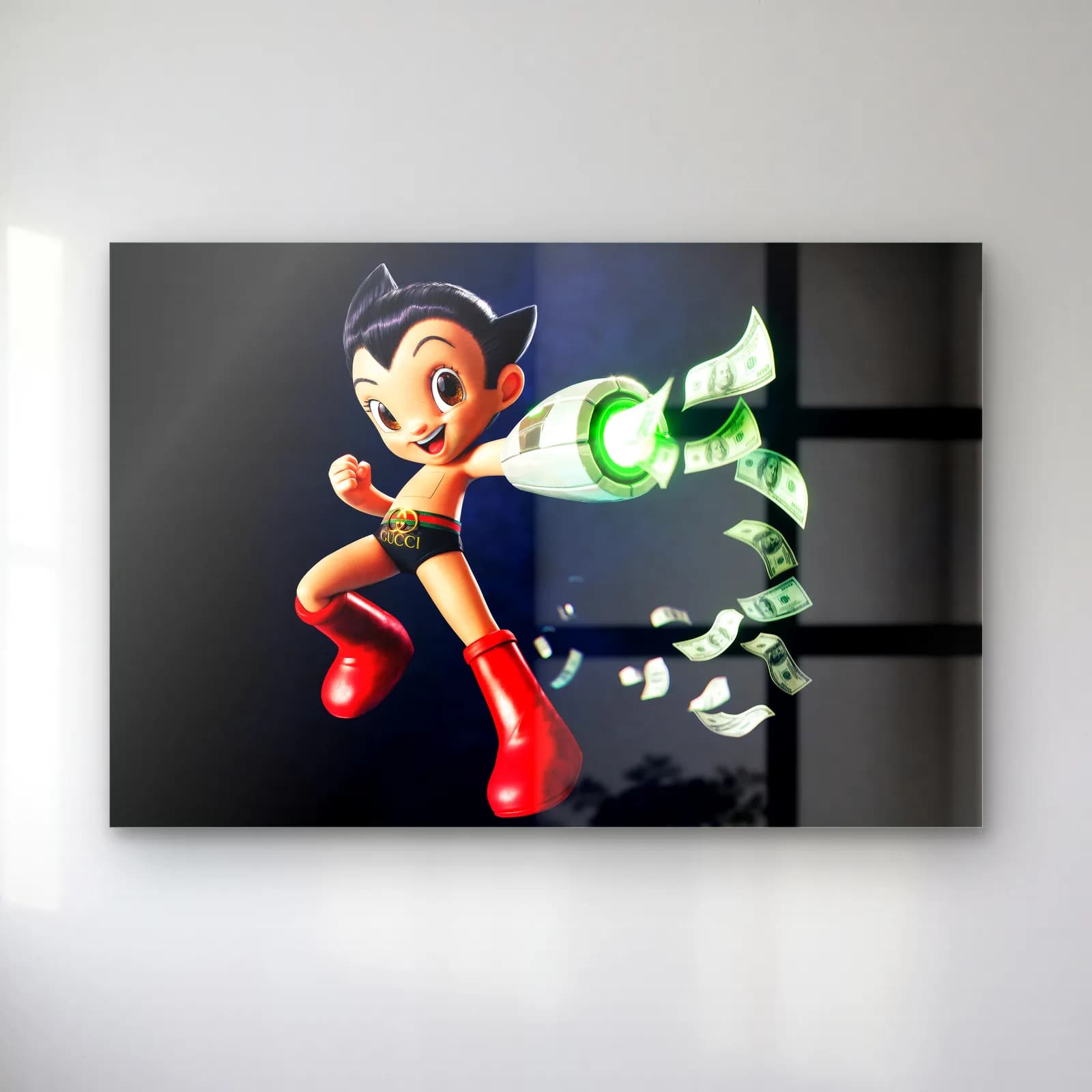 Dolar Fırlatan 3D Astro Boy cam tablo — Kolundan dolarlar fırlatan kırmızı botlu 3D Astro Boy