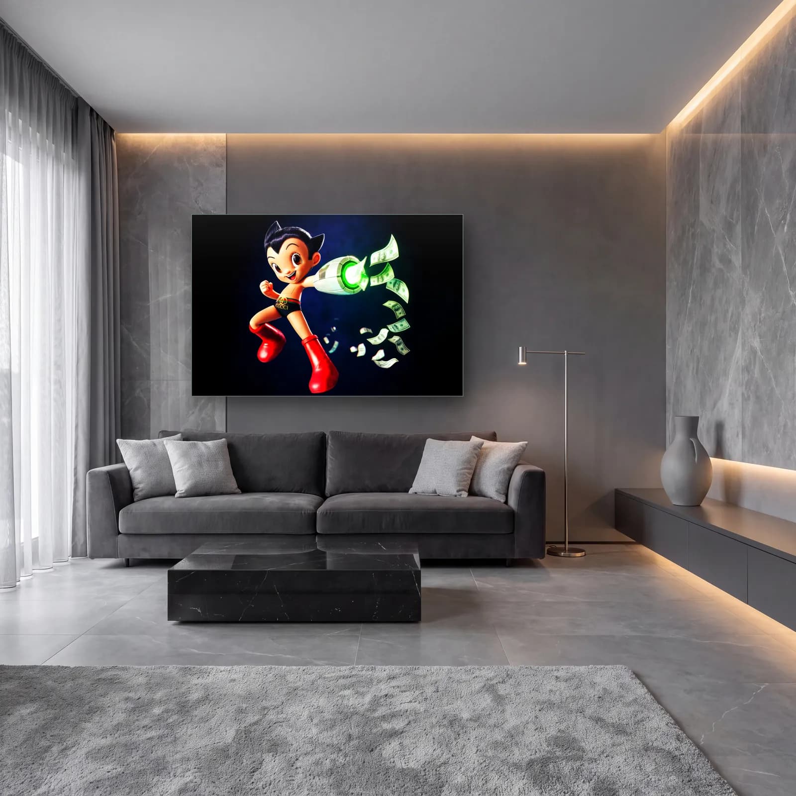 Dolar Fırlatan 3D Astro Boy cam tablo — lüks salon duvarında