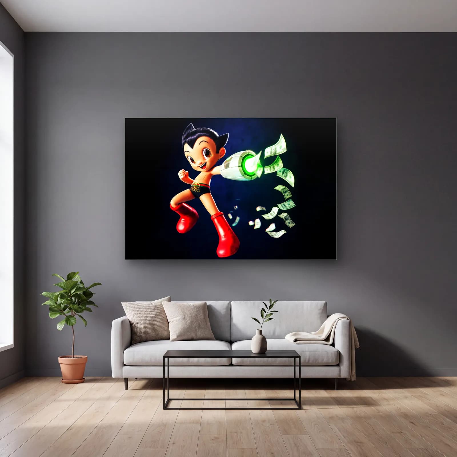 Dolar Fırlatan 3D Astro Boy cam tablo — gri duvarlı salonda