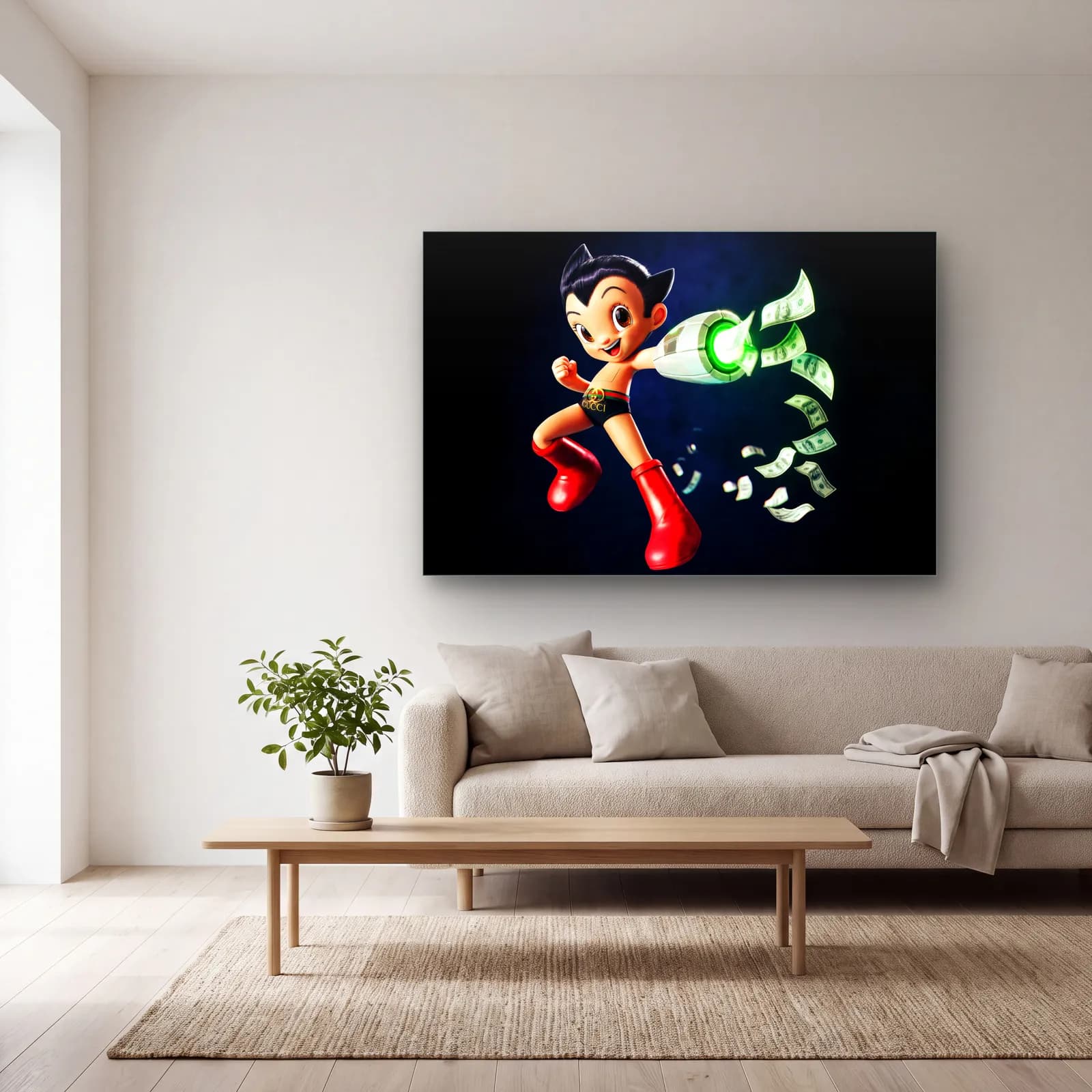 Dolar Fırlatan 3D Astro Boy cam tablo — açık renk salonda
