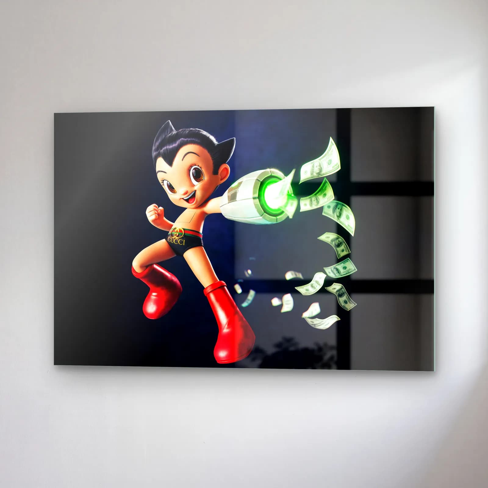 Dolar Fırlatan 3D Astro Boy cam tablo — sağ açıdan görünüm