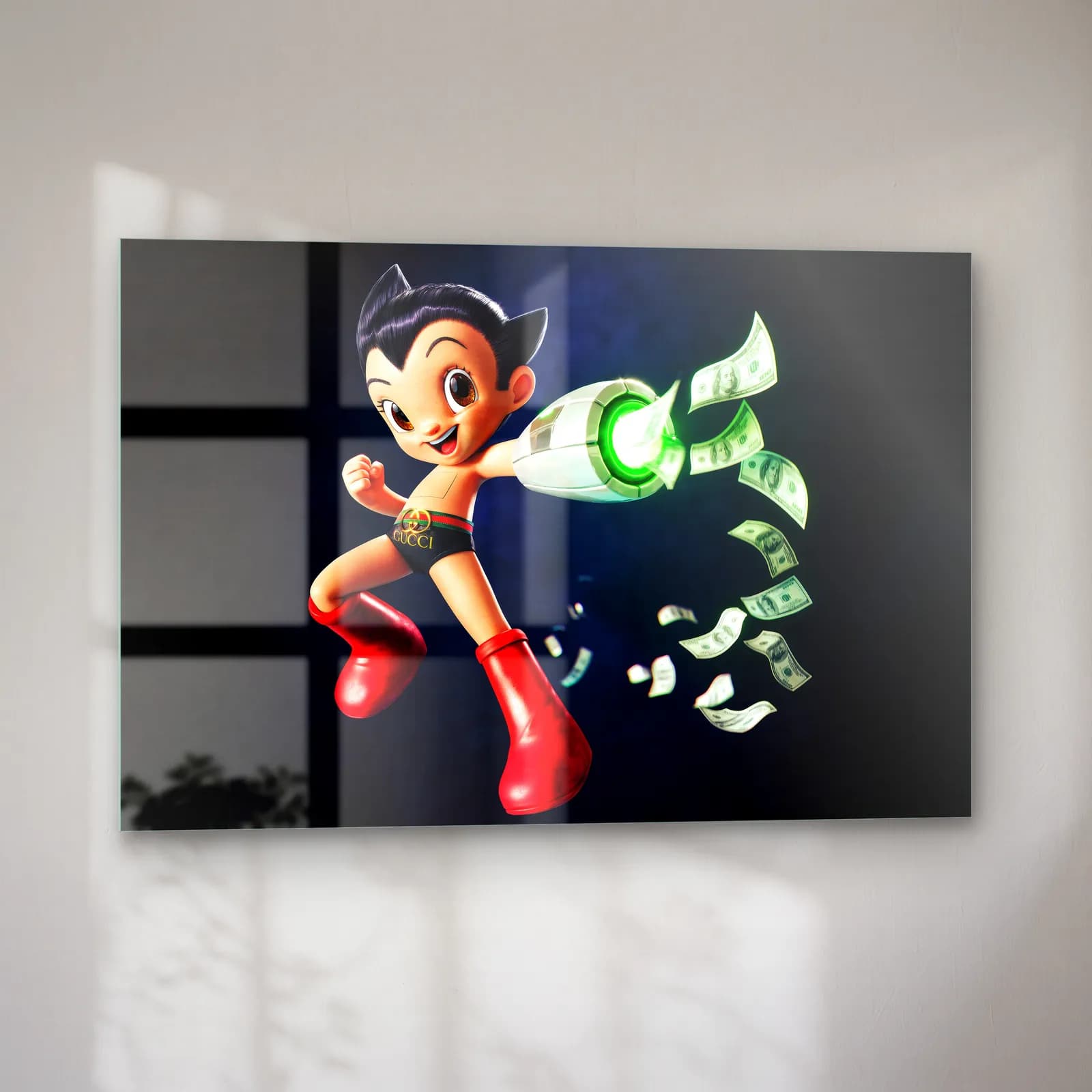 Dolar Fırlatan 3D Astro Boy cam tablo — sol açıdan görünüm