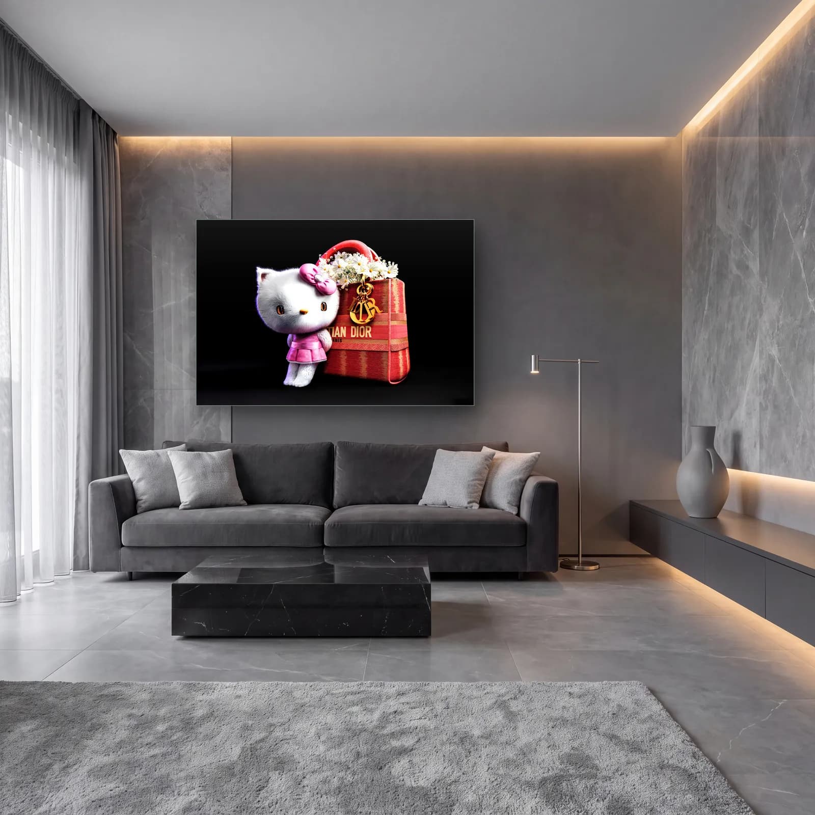 Dior Çantalı Hello Kitty Yatay cam tablo — lüks salon duvarında