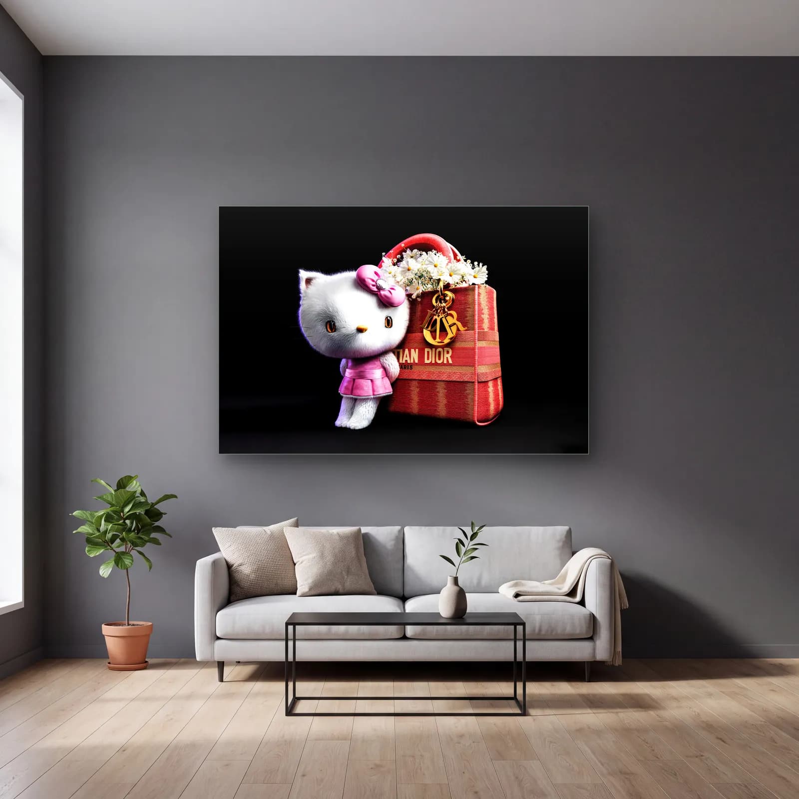 Dior Çantalı Hello Kitty Yatay cam tablo — gri duvarlı salonda