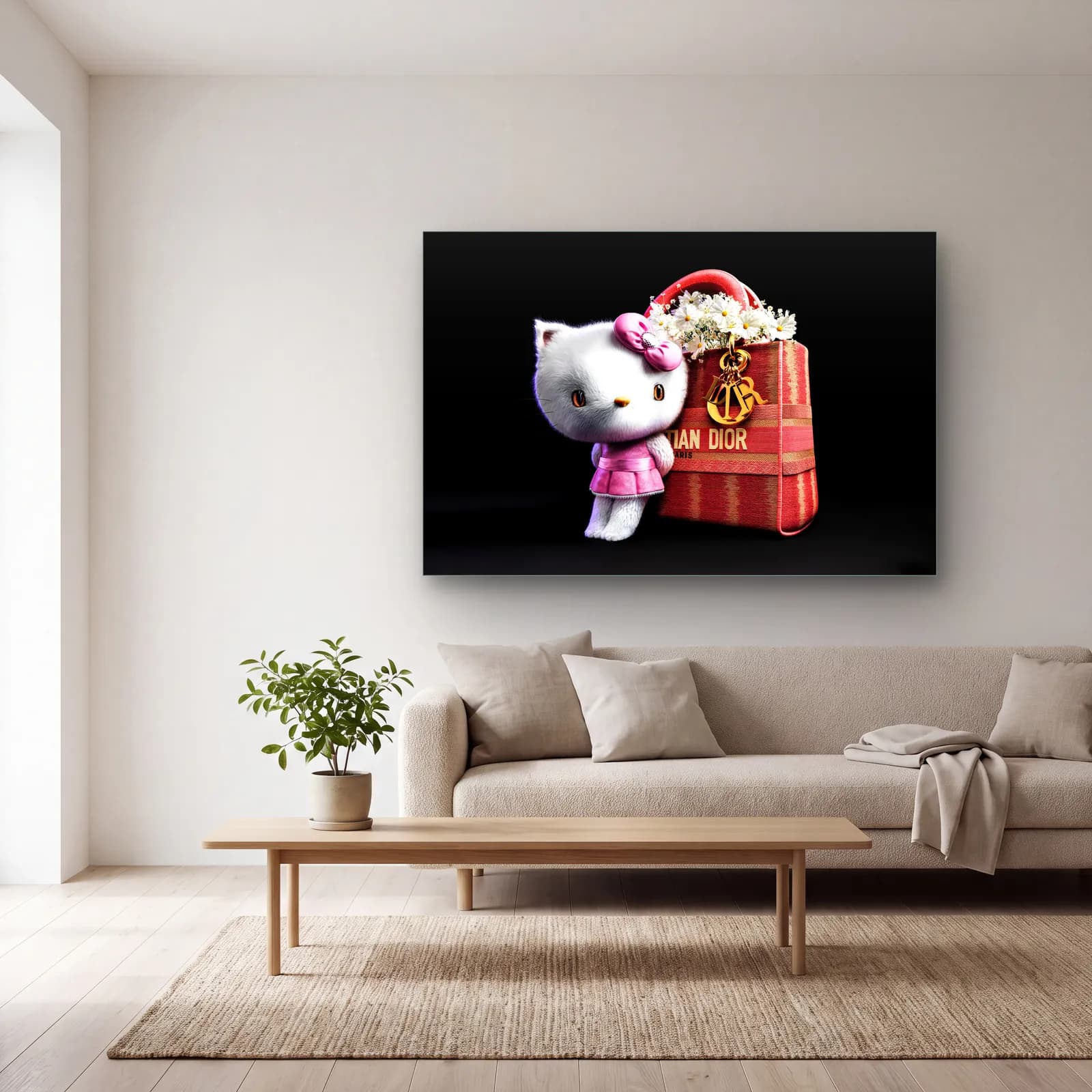 Dior Çantalı Hello Kitty Yatay cam tablo — açık renk salonda