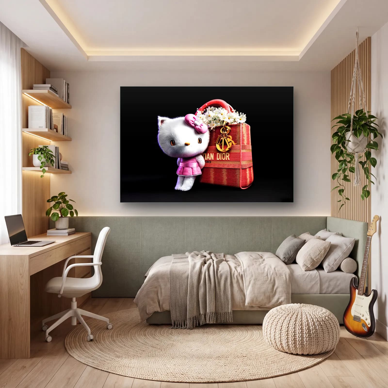 Dior Çantalı Hello Kitty Yatay cam tablo — genç odasında