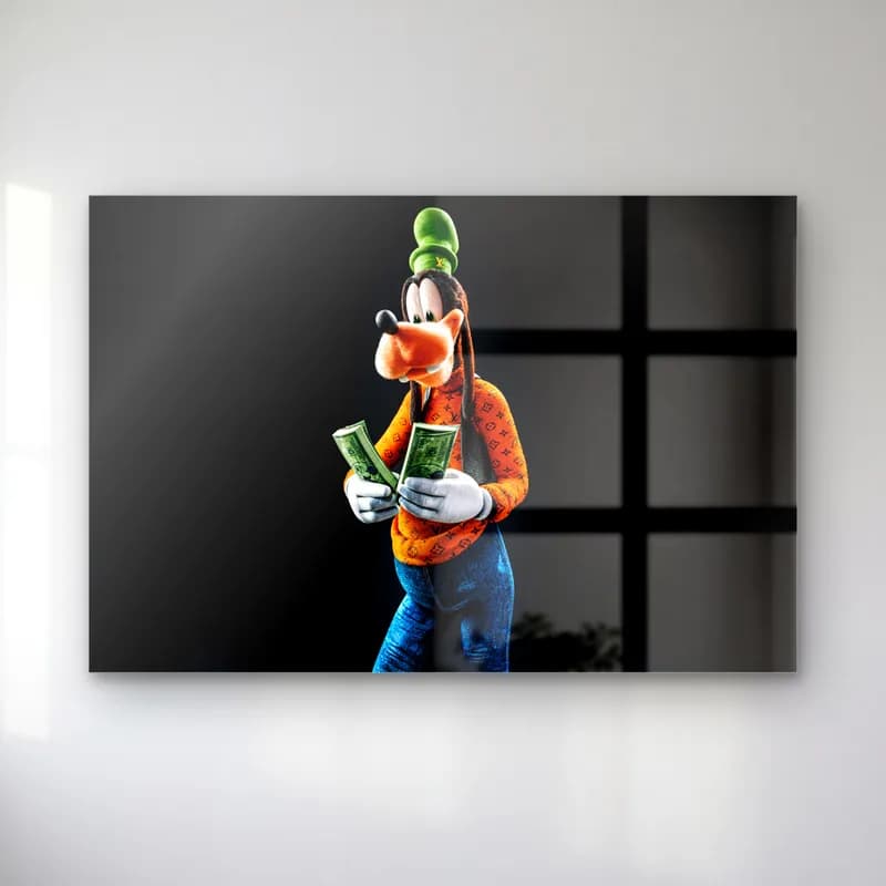 Para Sayan 3D Goofy cam tablo — Siyah zeminde elinde dolar destesi sayan 3D Goofy