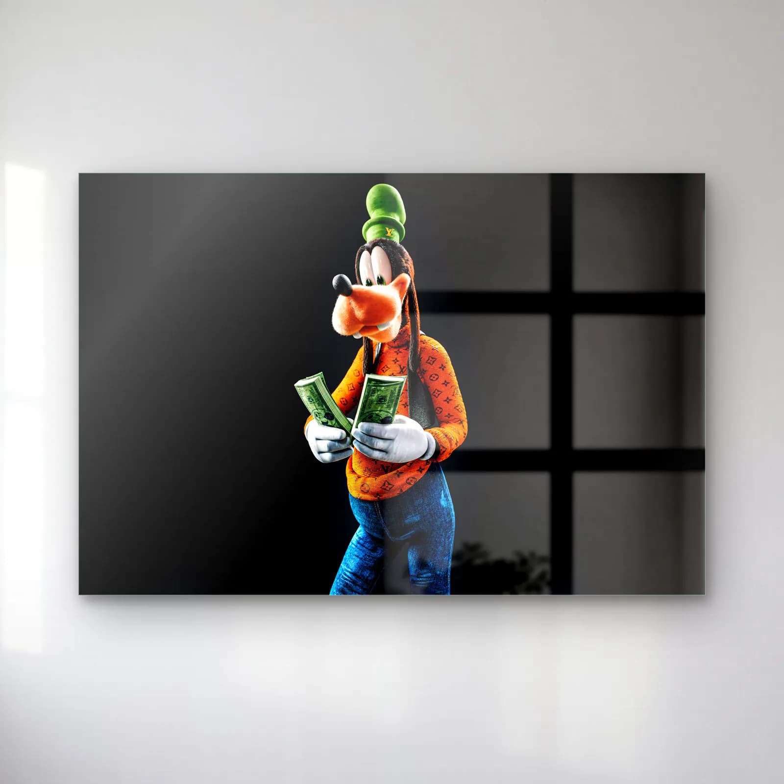 Para Sayan 3D Goofy cam tablo — Siyah zeminde elinde dolar destesi sayan 3D Goofy