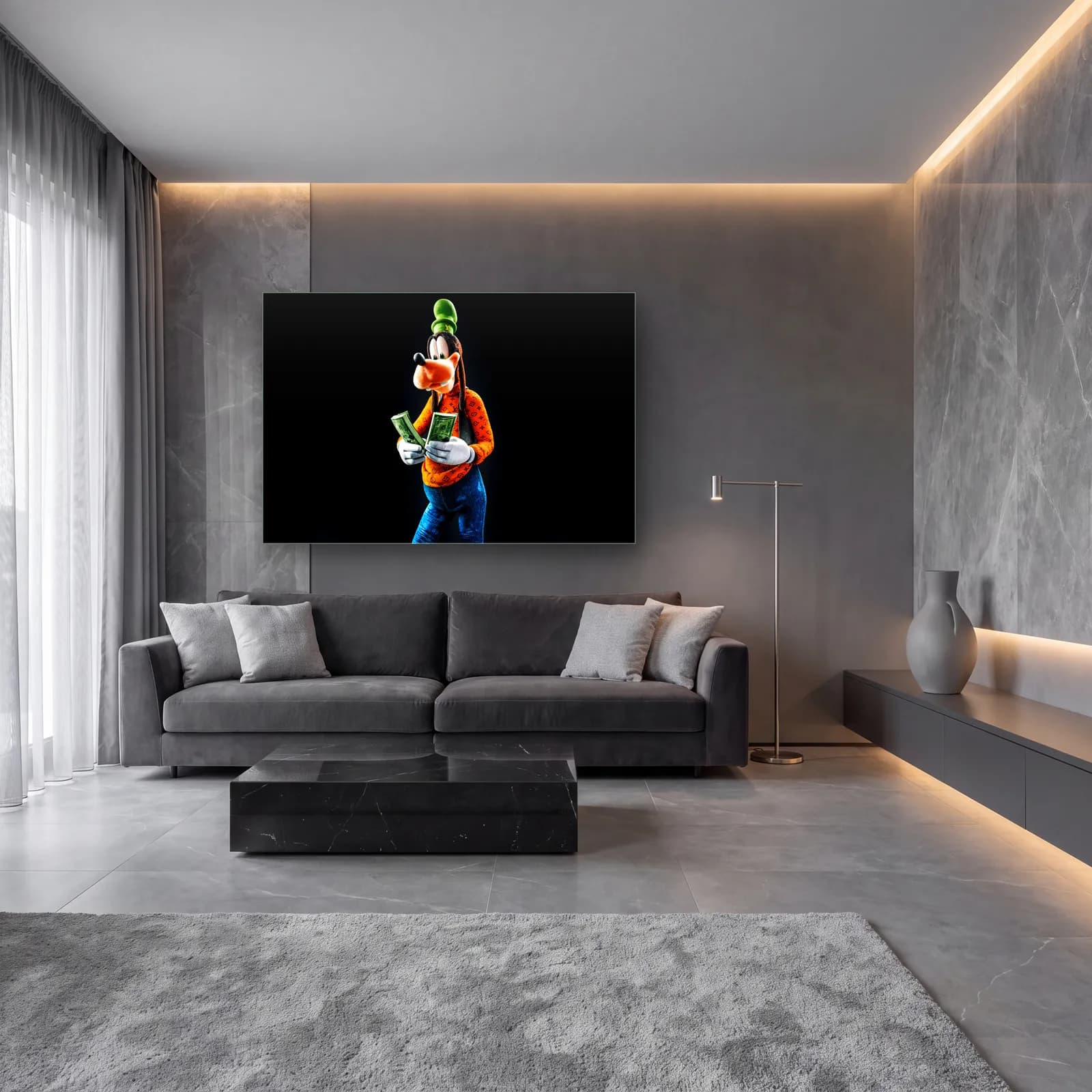 Para Sayan 3D Goofy cam tablo — lüks salon duvarında