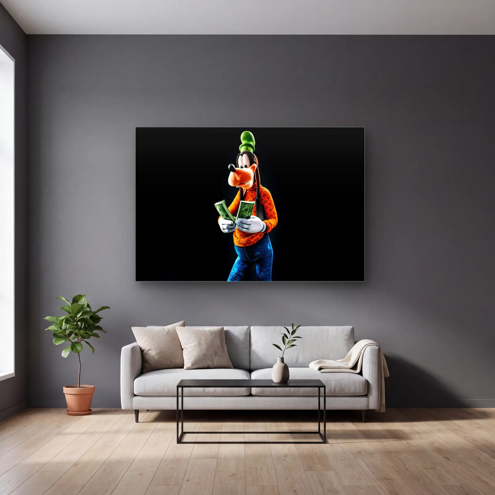 Para Sayan 3D Goofy cam tablo — gri duvarlı salonda