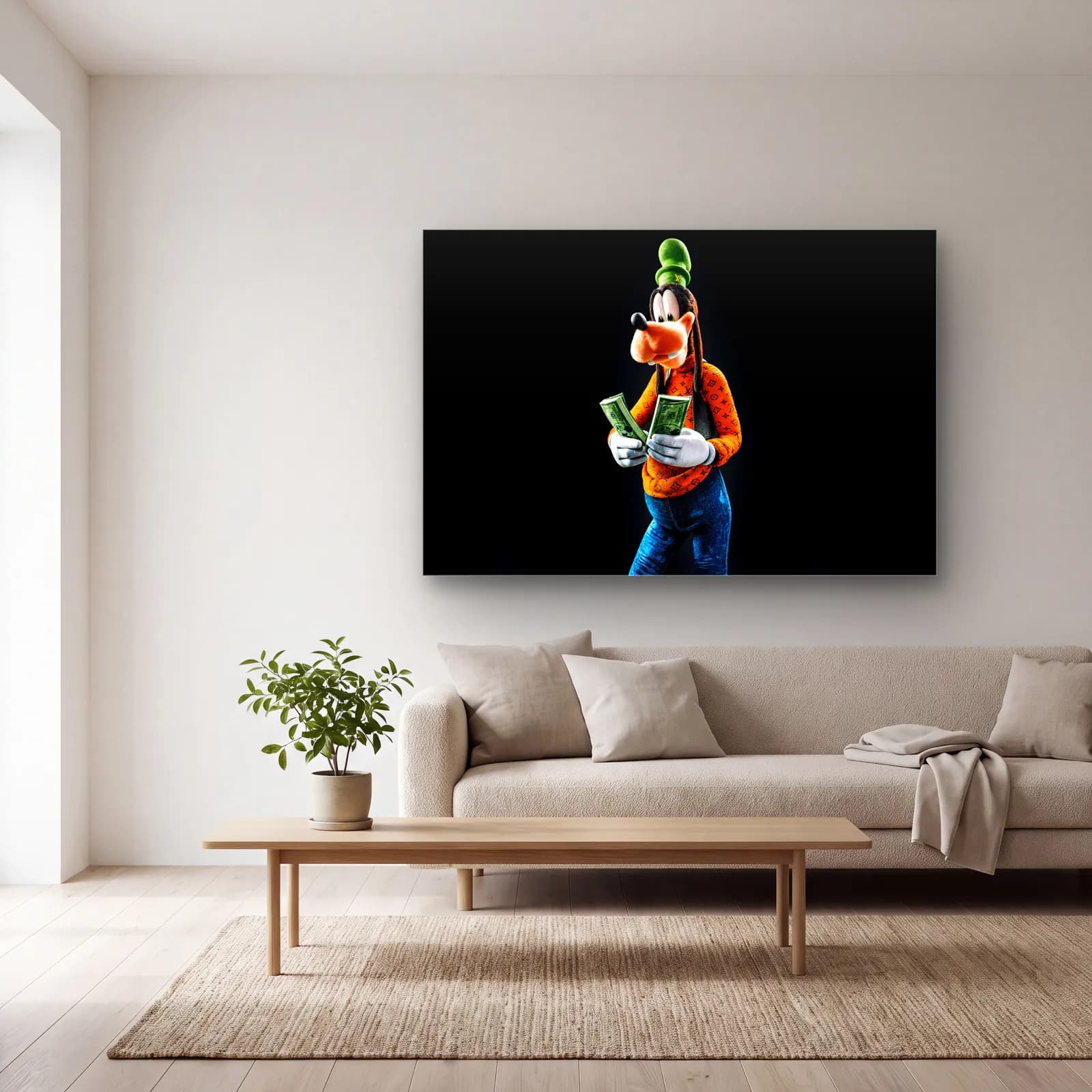Para Sayan 3D Goofy cam tablo — açık renk salonda
