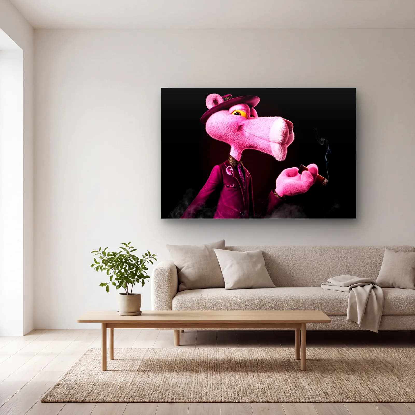 Purolu Takım Elbiseli Pembe Panter cam tablo — açık renk salonda
