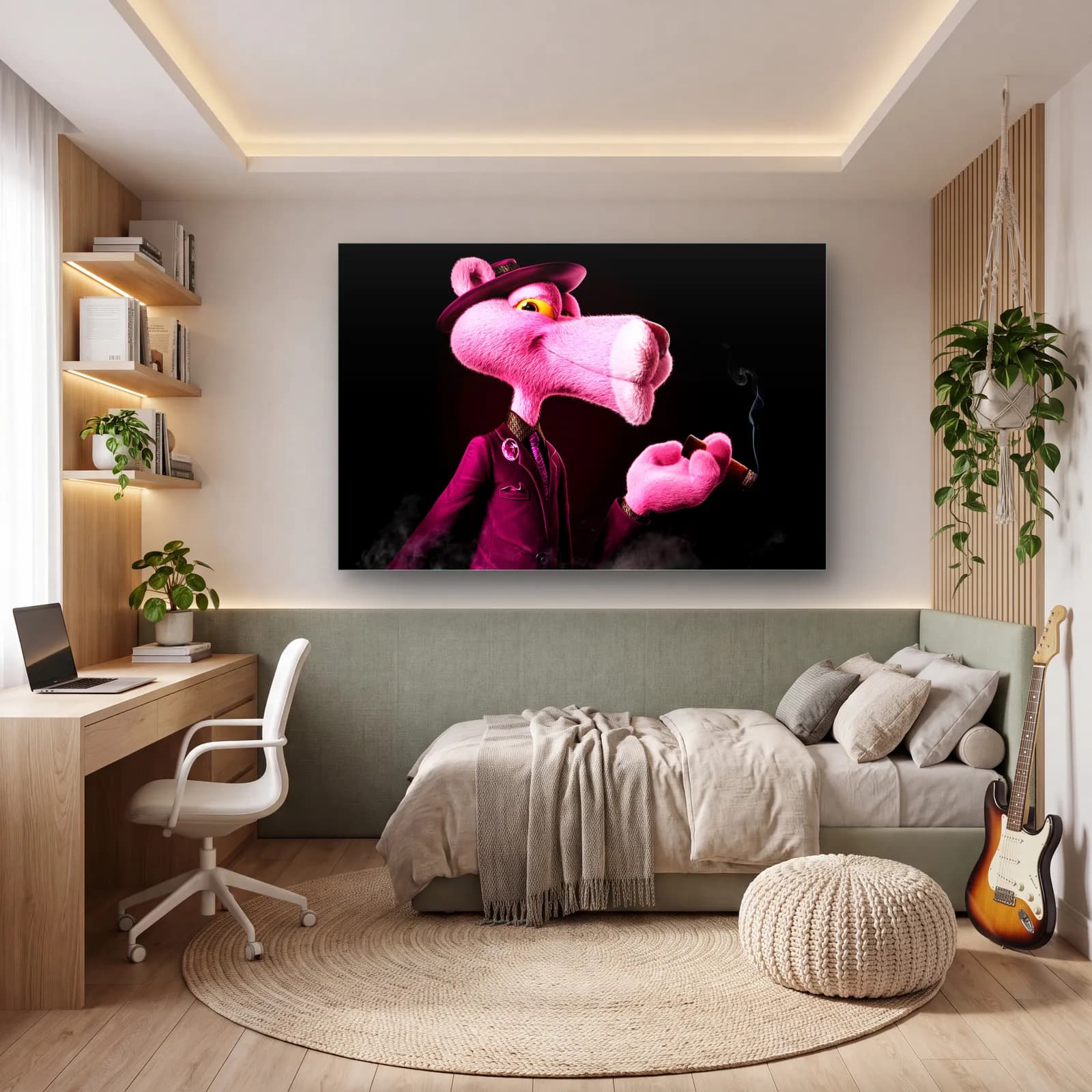 Purolu Takım Elbiseli Pembe Panter cam tablo — genç odasında