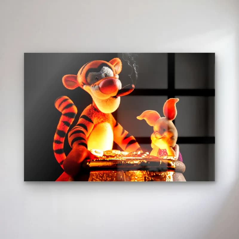 Altın Sandıklı Tigger ve Piglet cam tablo — Işık saçan altın sandık başında 3D Tigger ve Piglet