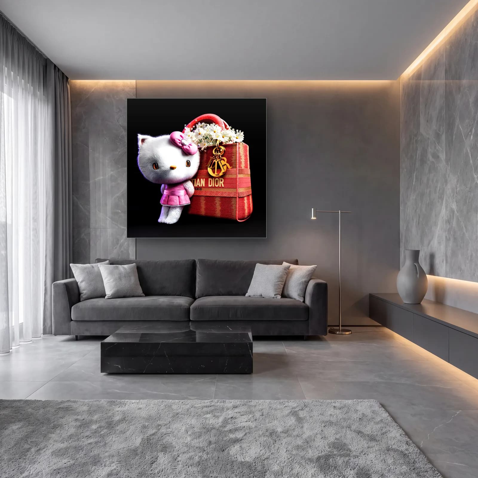 Dior Çantalı Hello Kitty Kare cam tablo — lüks salon duvarında