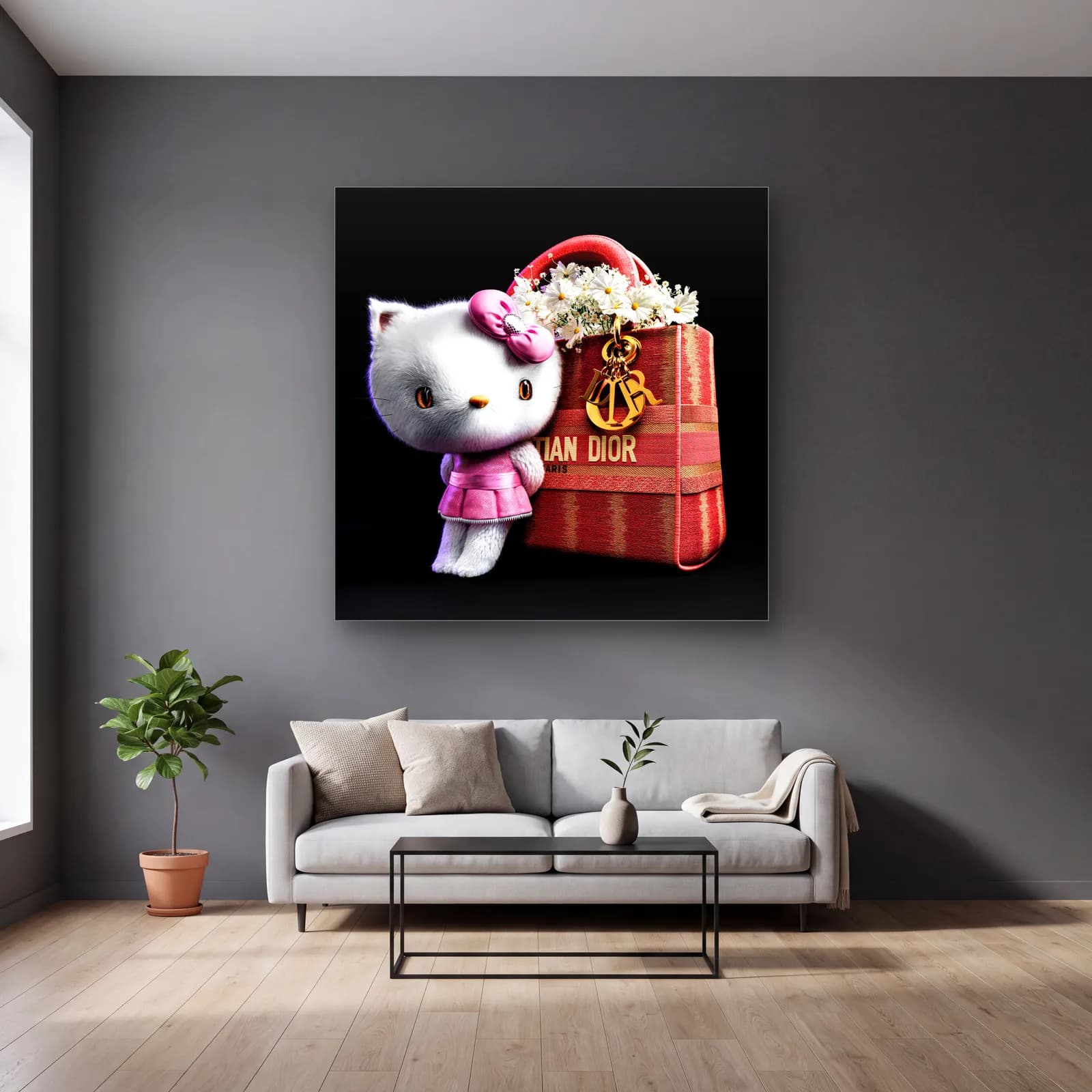 Dior Çantalı Hello Kitty Kare cam tablo — gri duvarlı salonda