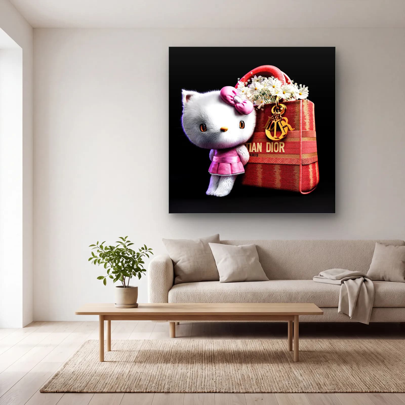 Dior Çantalı Hello Kitty Kare cam tablo — açık renk salonda