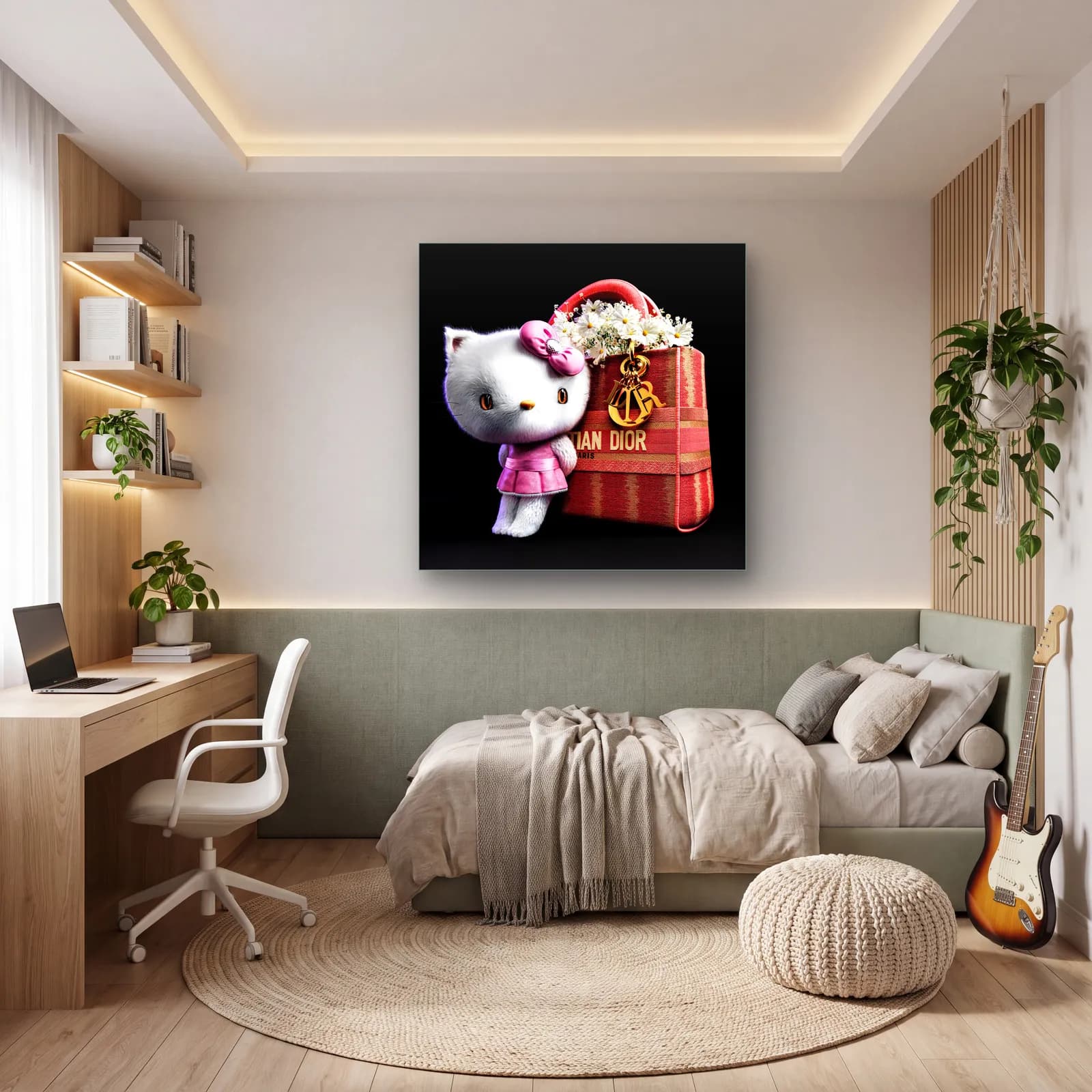 Dior Çantalı Hello Kitty Kare cam tablo — genç odasında