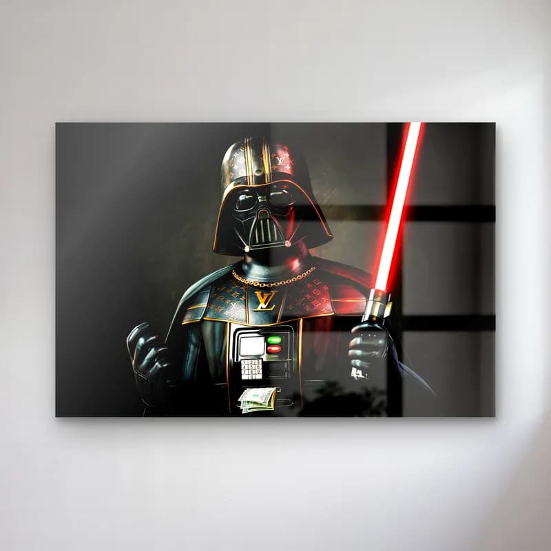 Louis Vuitton Desenli Darth Vader cam tablo — Siyah zeminde desenli zırhlı, kırmızı ışın kılıcı tutan Darth Vader