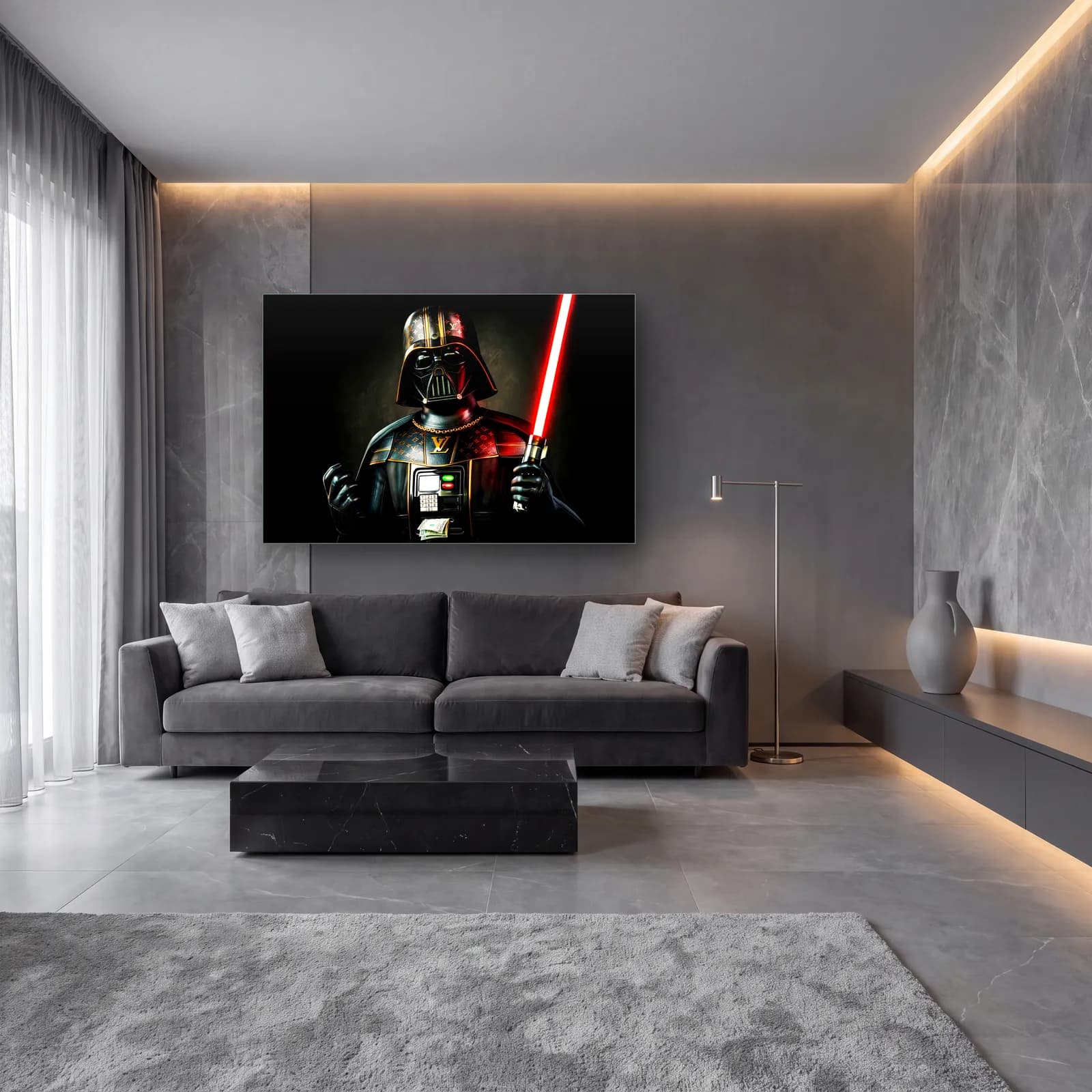 Louis Vuitton Desenli Darth Vader cam tablo — lüks salon duvarında