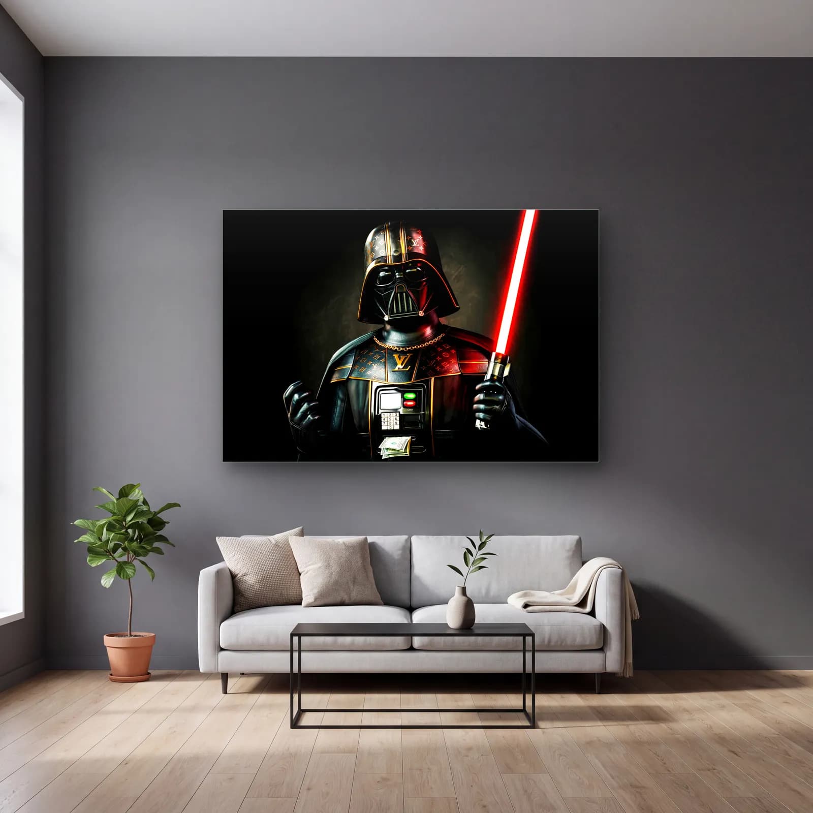Louis Vuitton Desenli Darth Vader cam tablo — gri duvarlı salonda