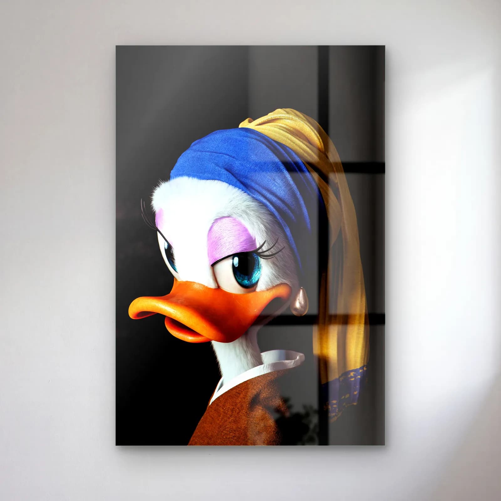 İnci Küpeli Kız Daisy Duck cam tablo — Mavi sarı türbanlı ve inci küpeli Daisy Duck portresi
