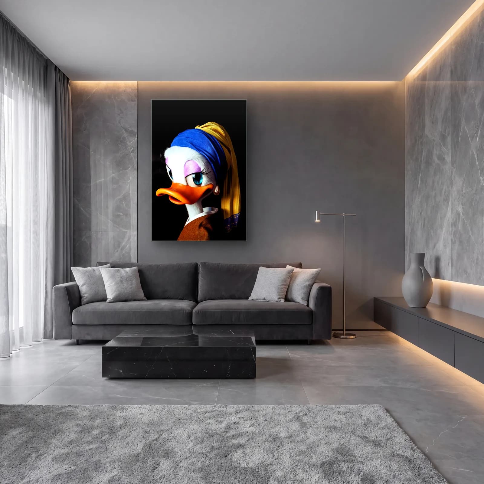 İnci Küpeli Kız Daisy Duck cam tablo — lüks salon duvarında