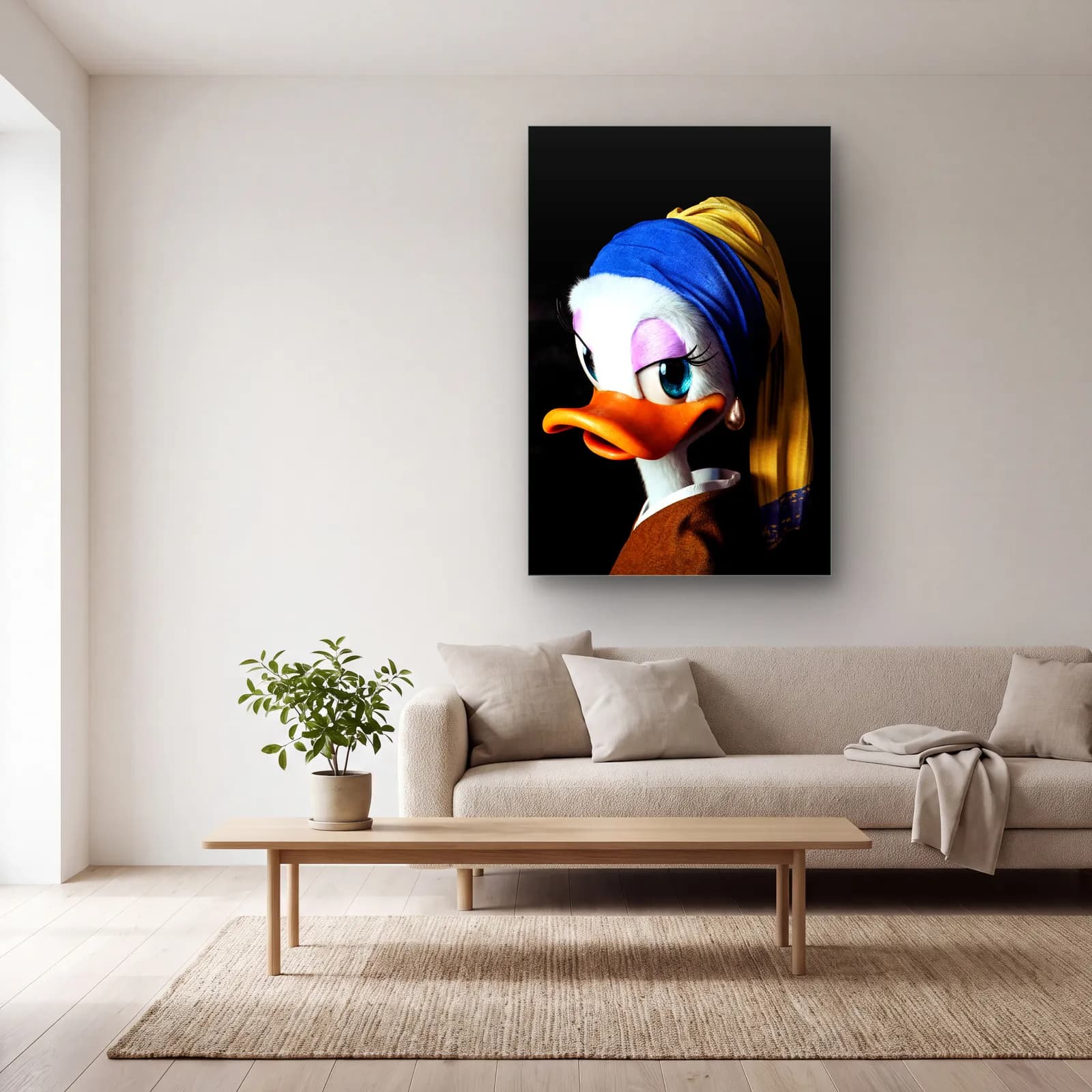 İnci Küpeli Kız Daisy Duck cam tablo — açık renk salonda