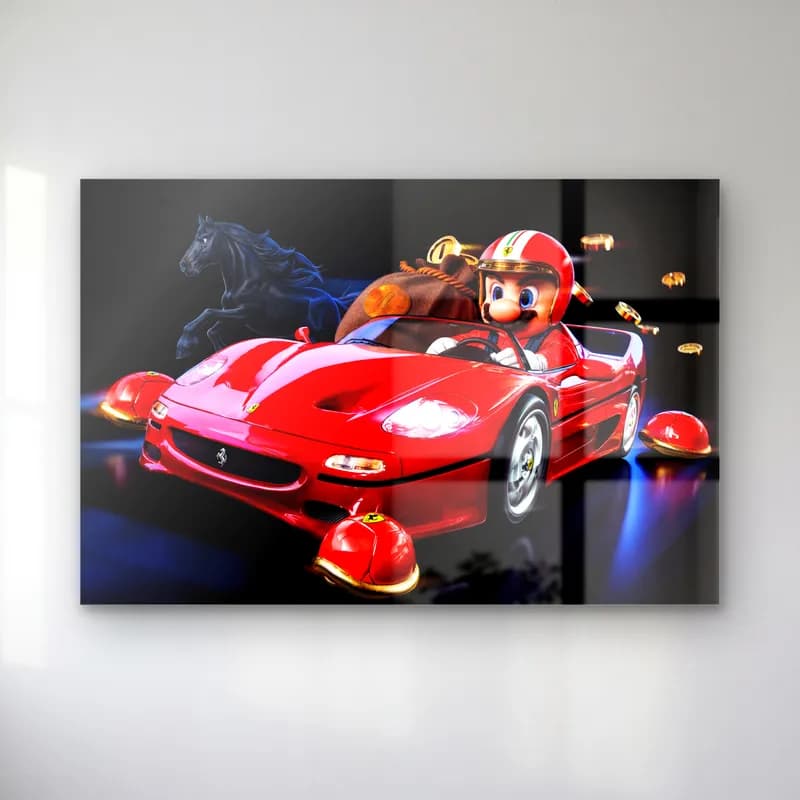 Kırmızı Ferrari F50’de Mario cam tablo — Karanlık zeminde kırmızı Ferrari F50 kullanan kasklı 3D Mario