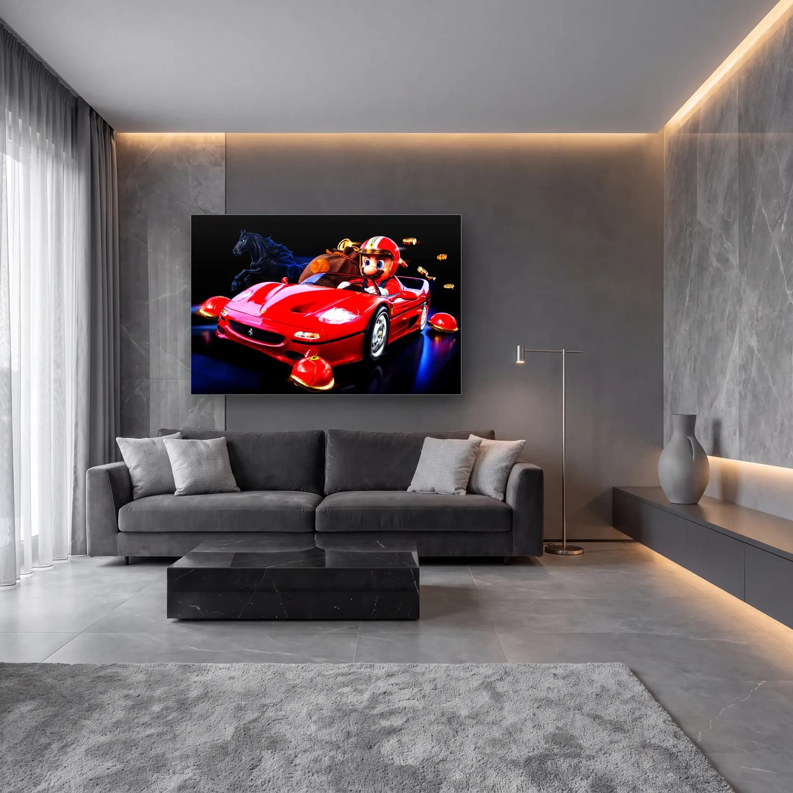 Kırmızı Ferrari F50’de Mario cam tablo — lüks salon duvarında