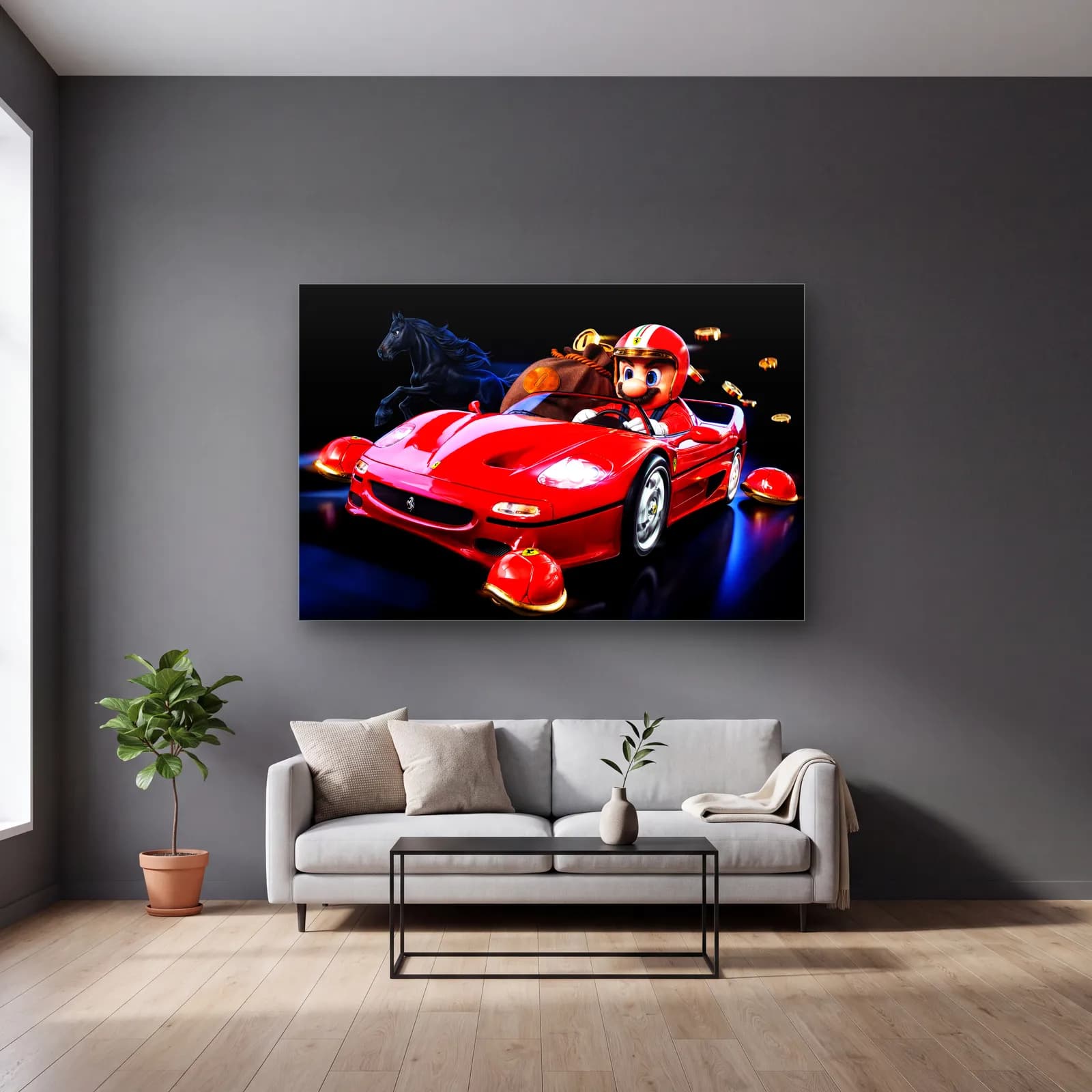 Kırmızı Ferrari F50’de Mario cam tablo — gri duvarlı salonda
