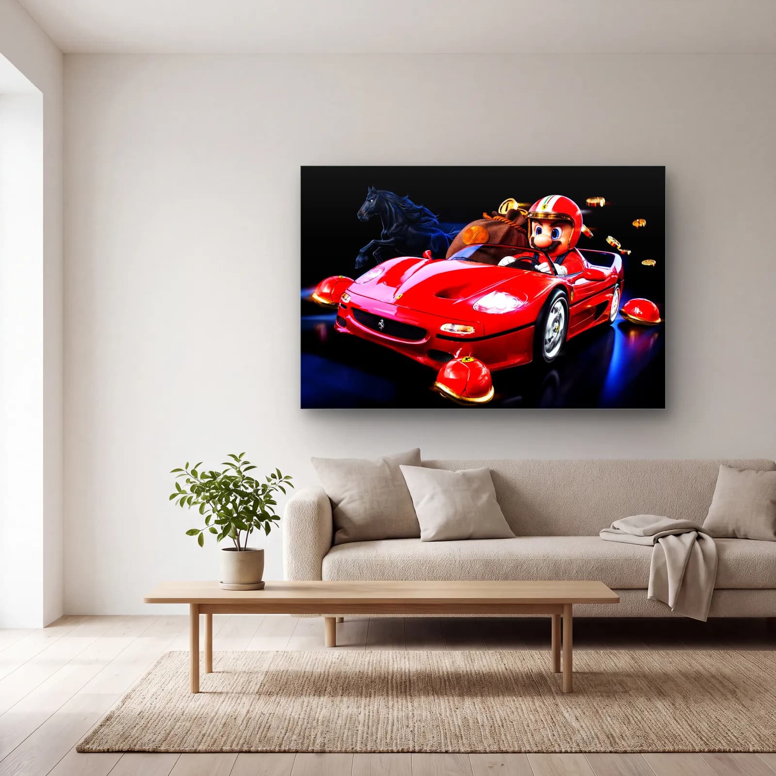 Kırmızı Ferrari F50’de Mario cam tablo — açık renk salonda