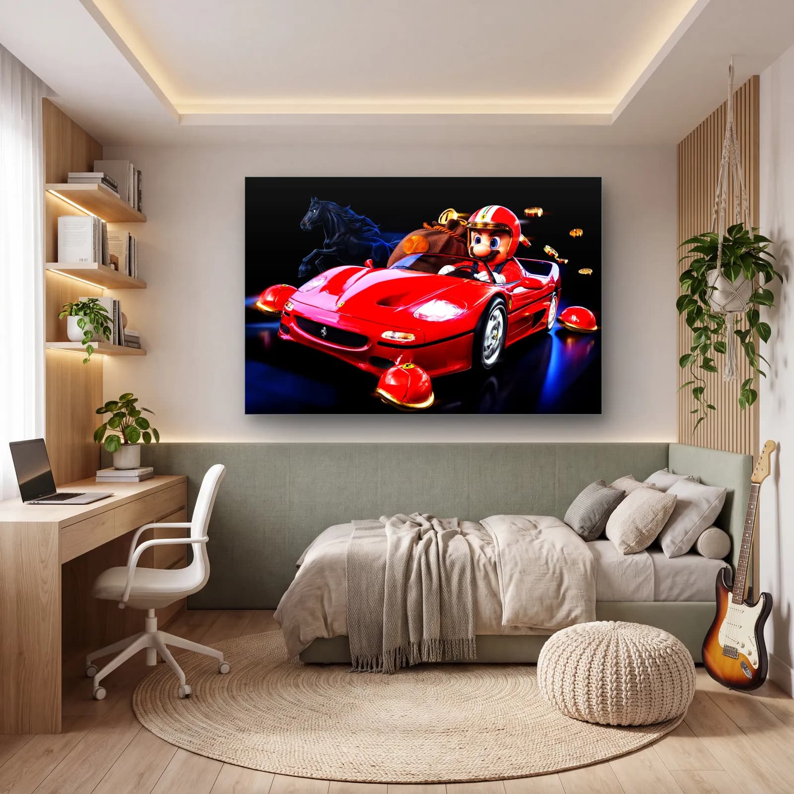 Kırmızı Ferrari F50’de Mario cam tablo — genç odasında