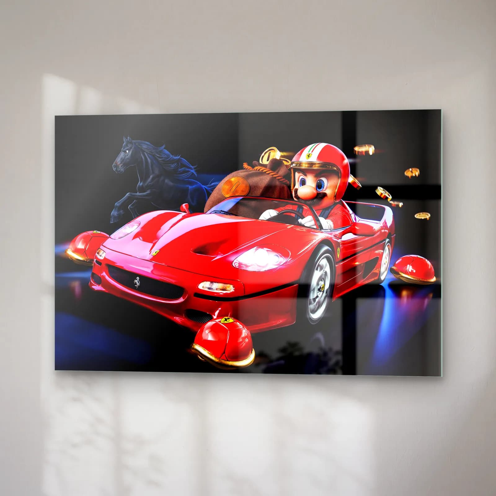 Kırmızı Ferrari F50’de Mario cam tablo — sağ açıdan görünüm
